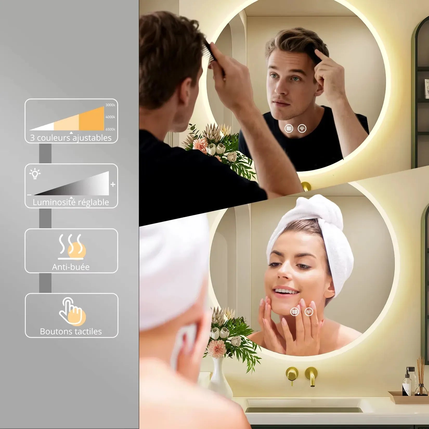 Miroir Salle de Bain Anti-Buée fonctionnalités LED 3 couleurs luminosité réglable et boutons tactiles.