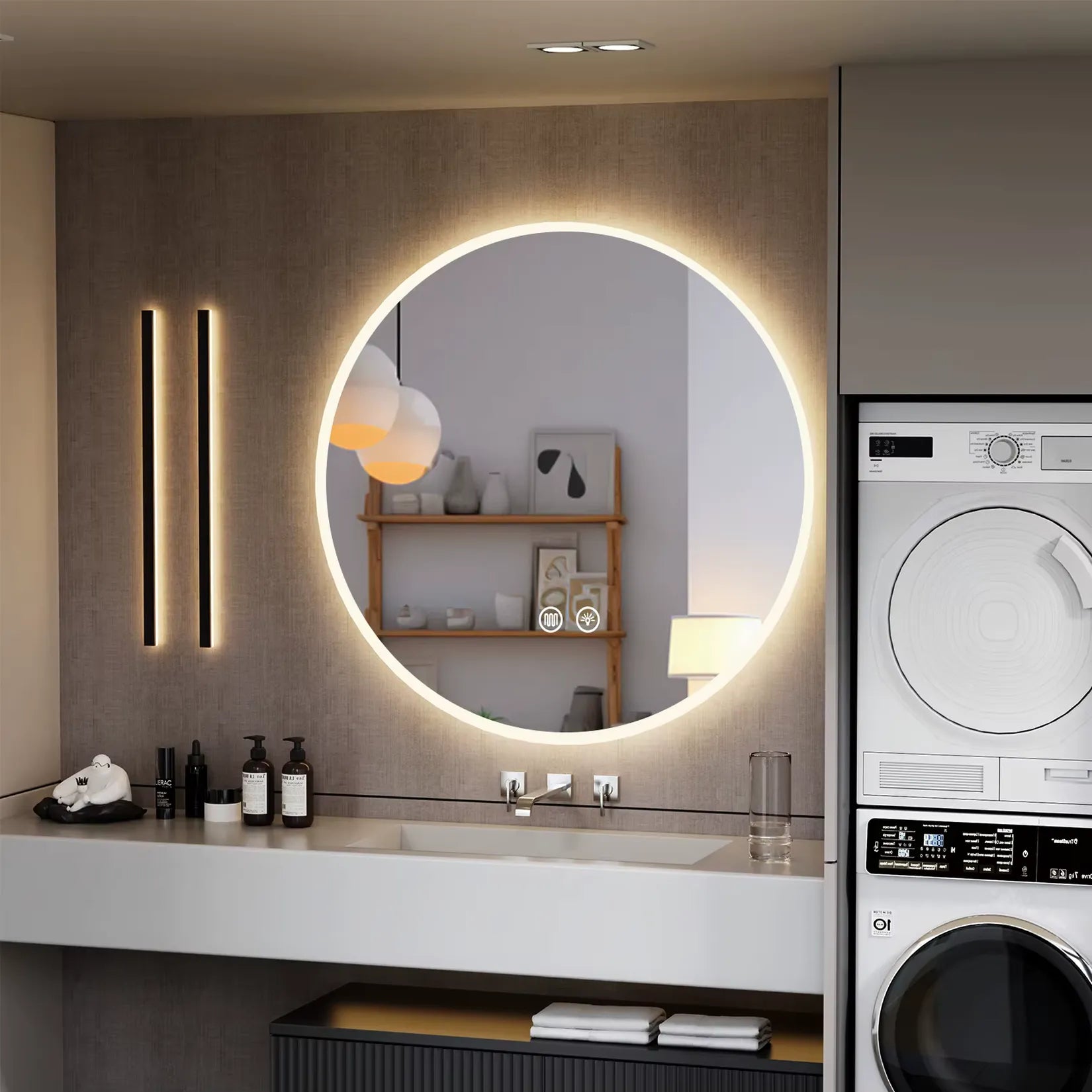 Miroir Salle de Bain Anti-Buée rond lumineux dans une salle de bain moderne mur gris.