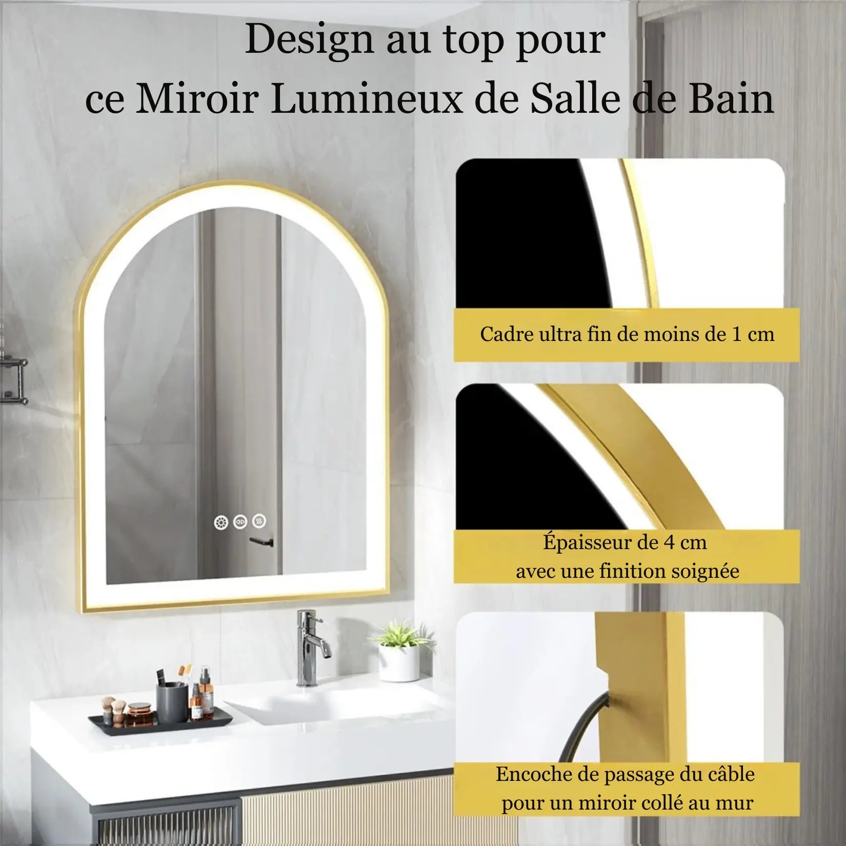 Zoom sur le cadre doré ultra fin du miroir salle de bain arche avec finition élégante.