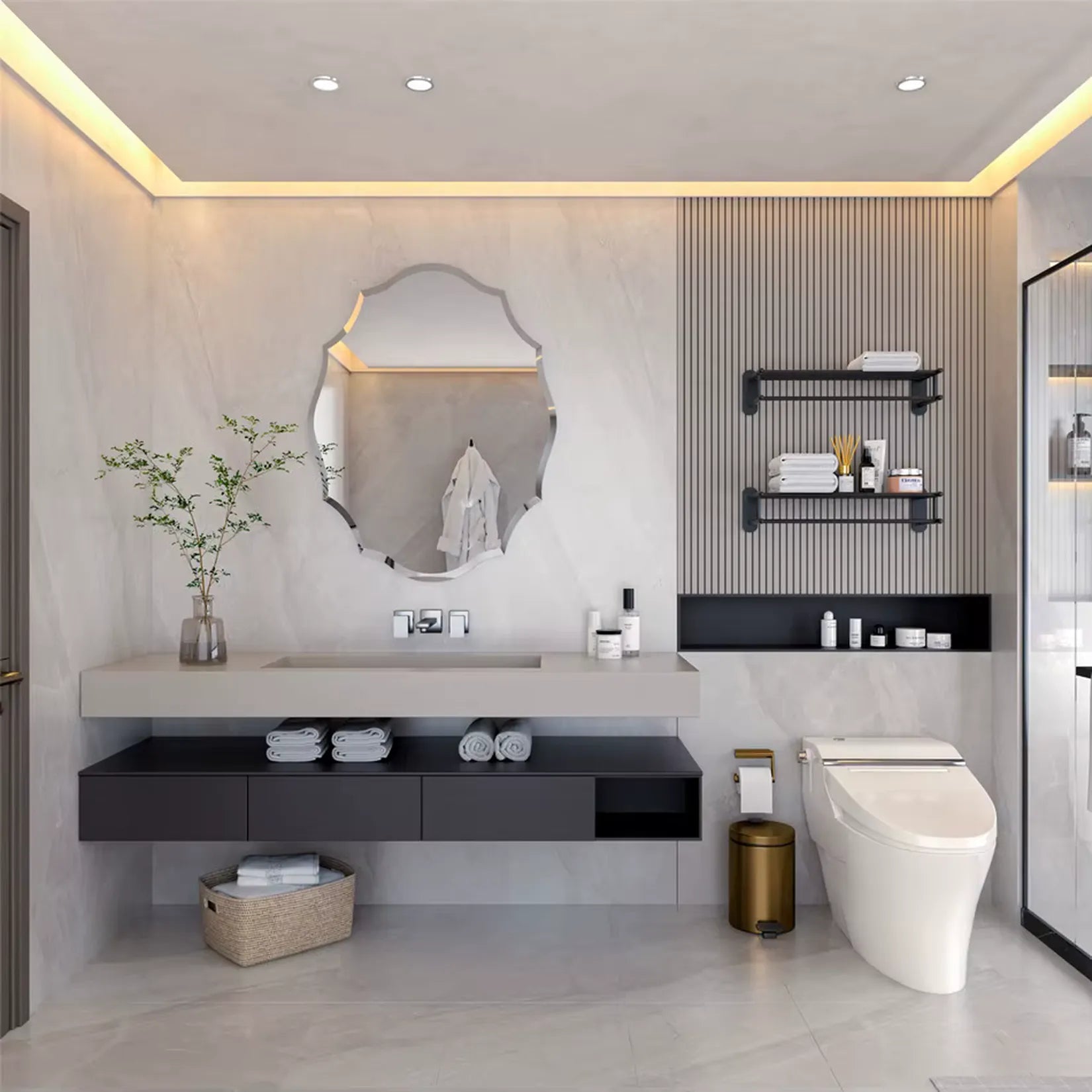 Miroir salle de bain design asymétrique dans une salle de bain contemporaine.