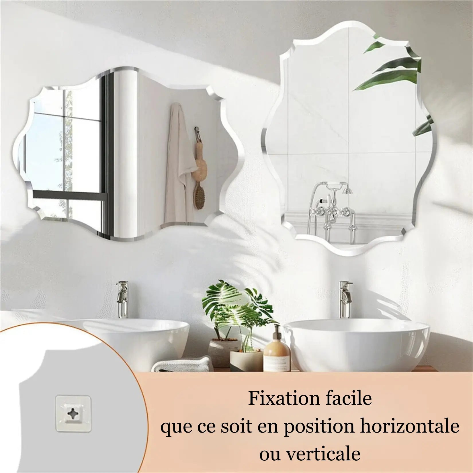 Miroir salle de bain design fixé en position horizontale ou verticale.