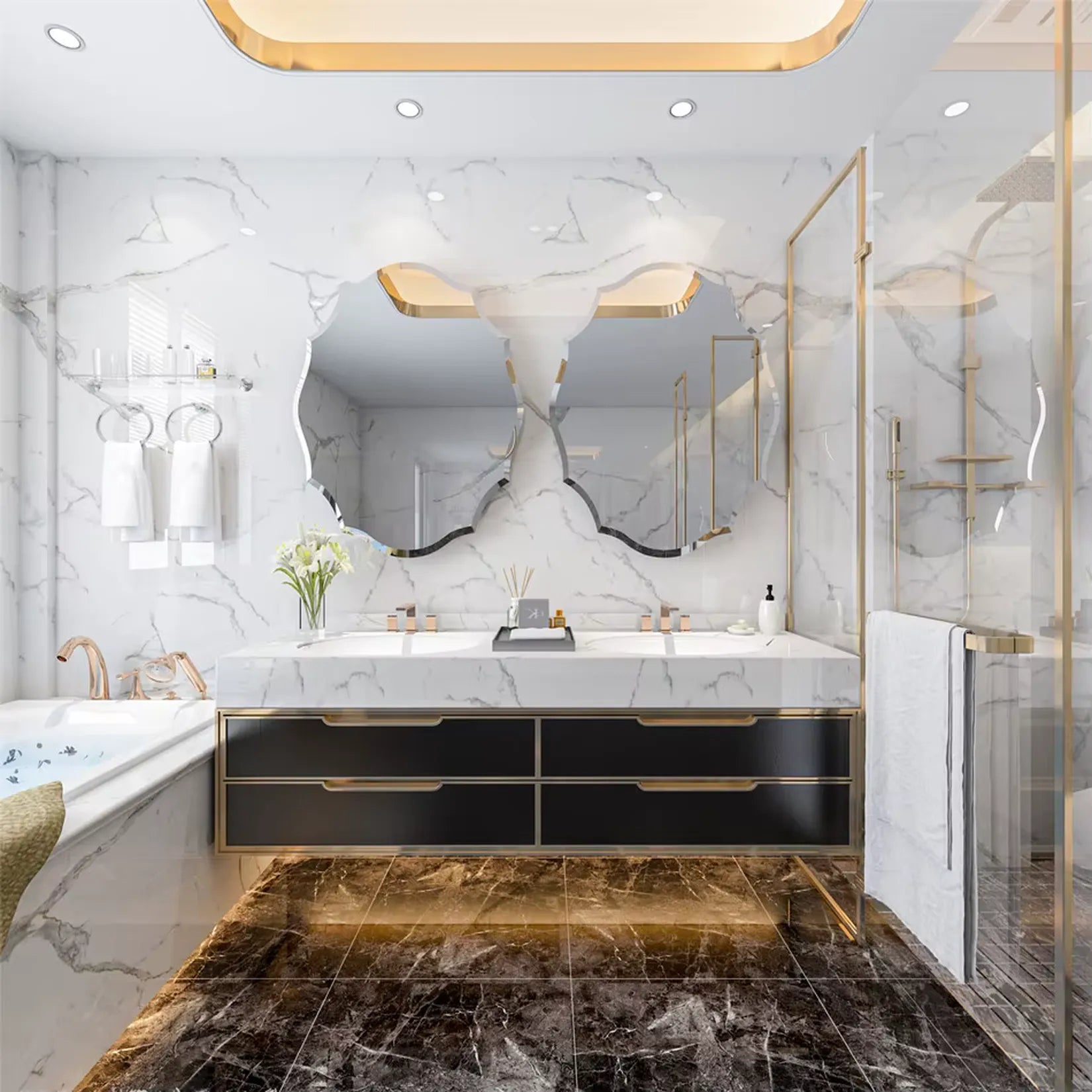 Miroir salle de bain design asymétrique sur mur en marbre.