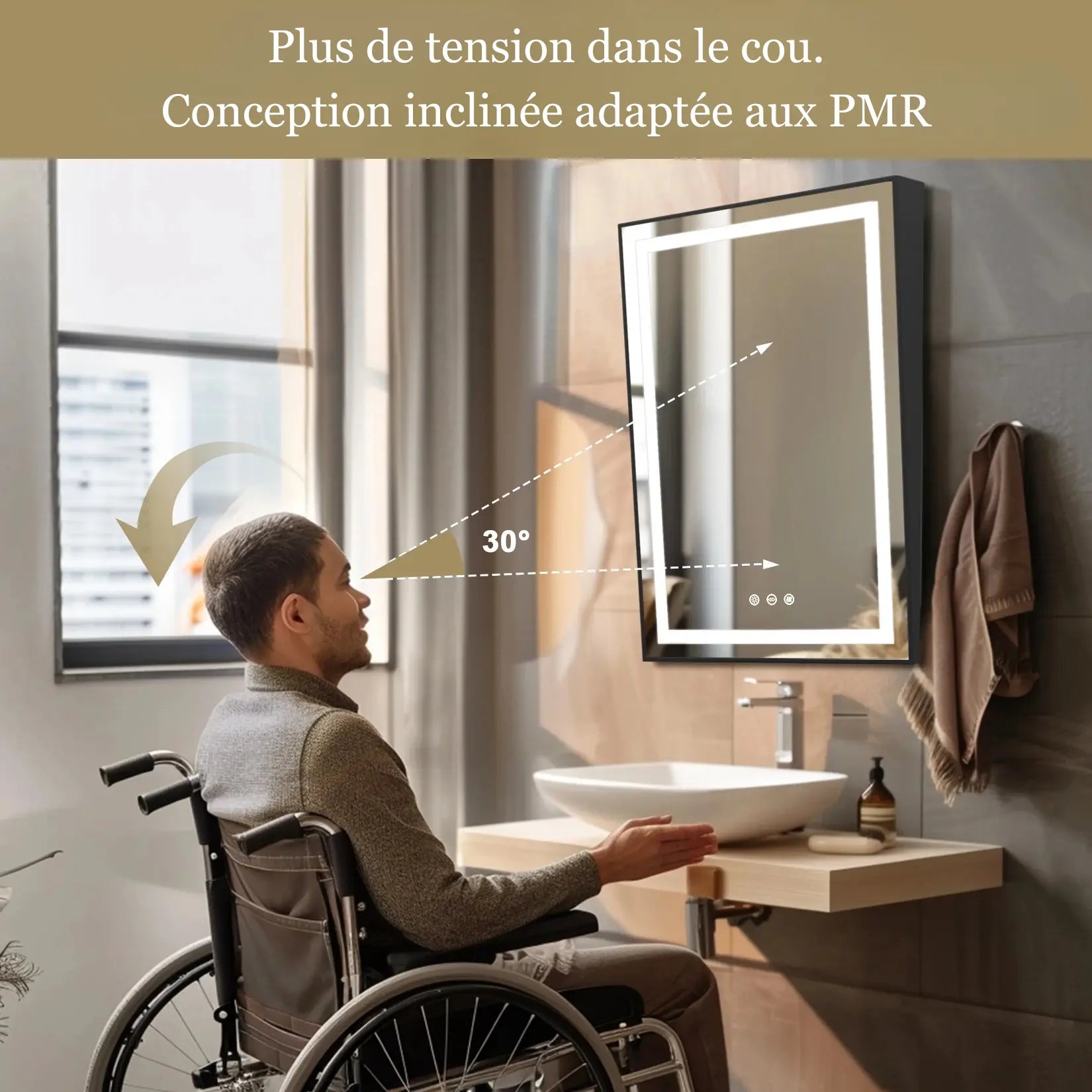 Miroir salle de bain LED design incliné à 30° pour accessibilité en fauteuil roulant.