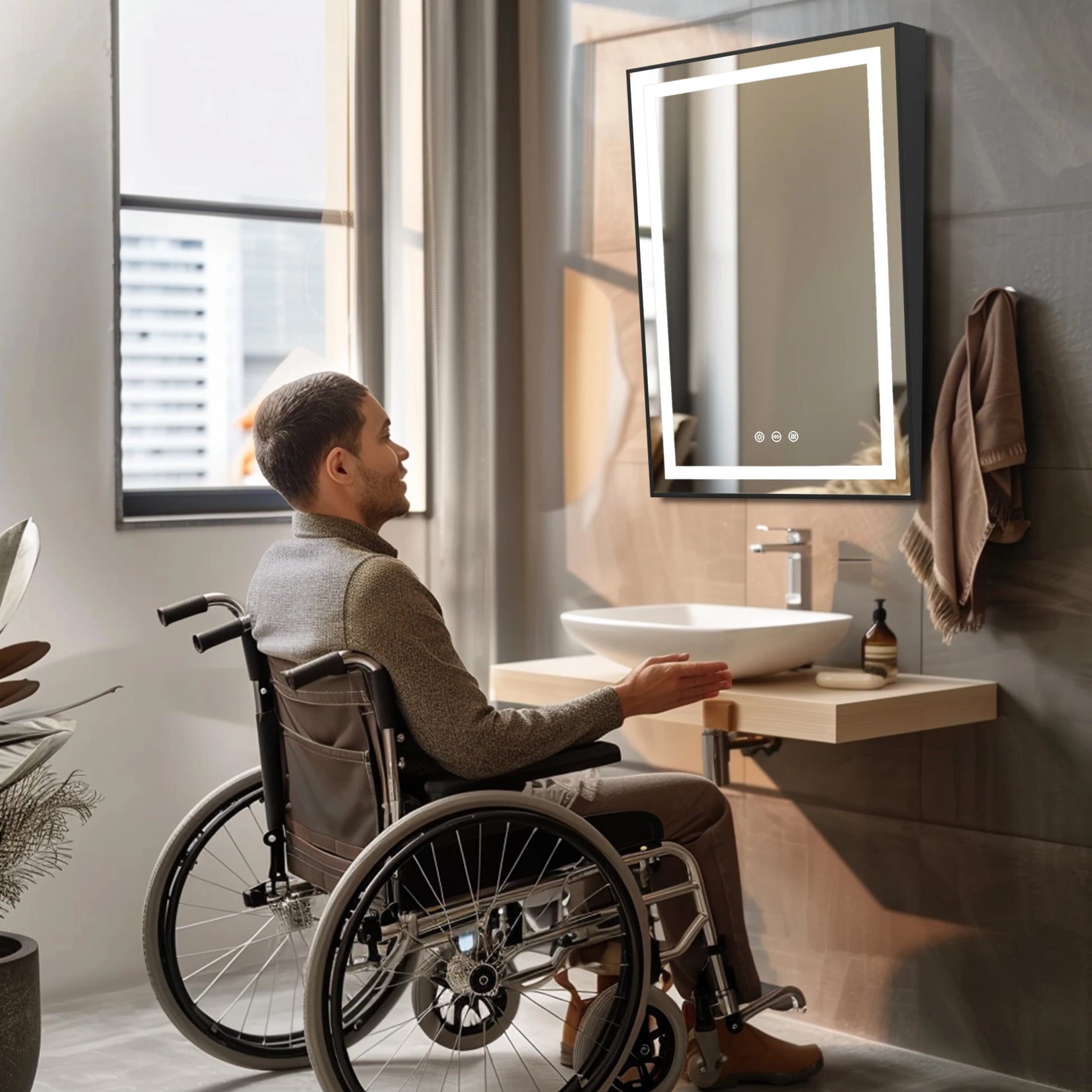Miroir salle de bain LED incliné conçu pour un usage confortable en fauteuil roulant.