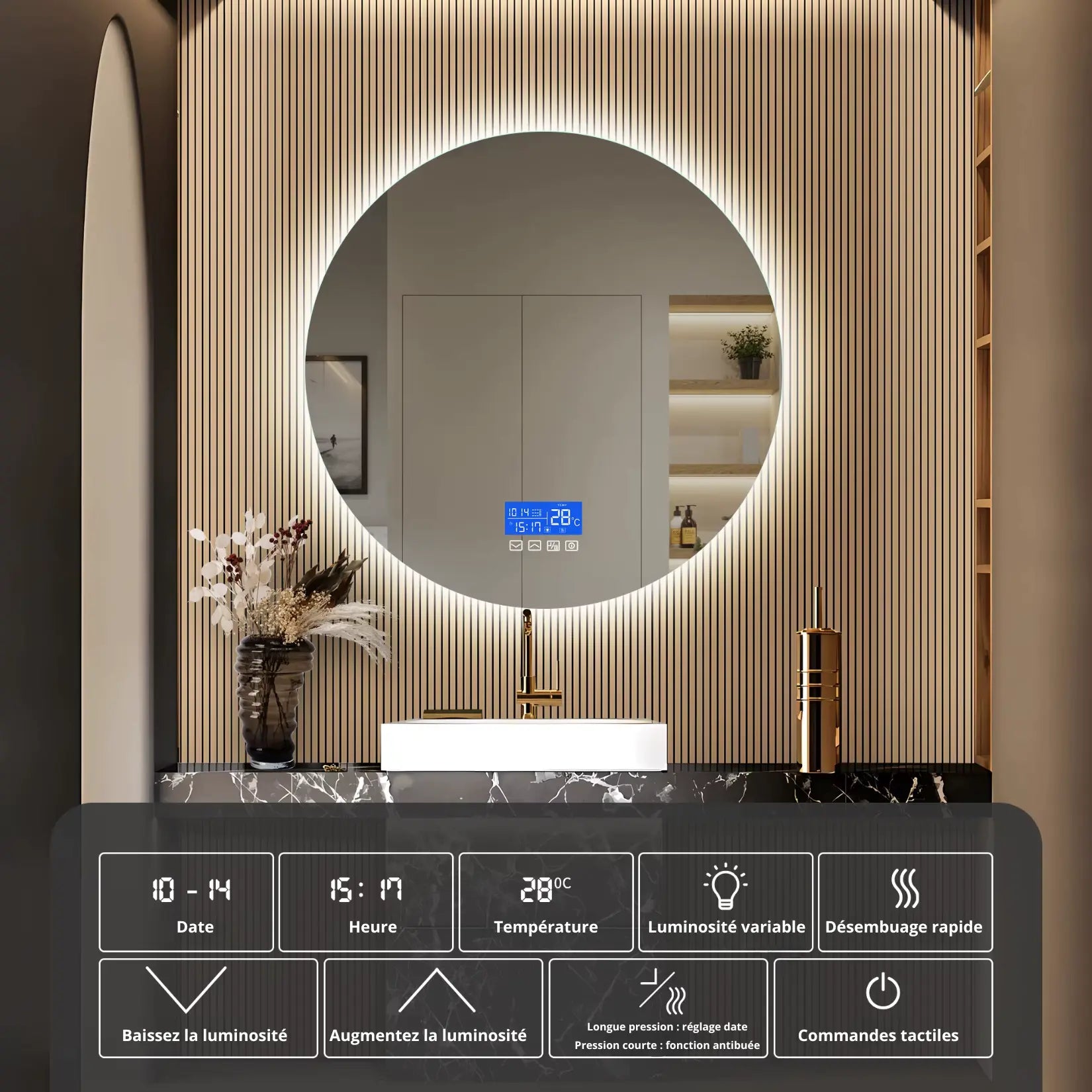 Miroir rond 100 cm salle de bain lumineux avec lumière variable et affichage digital.