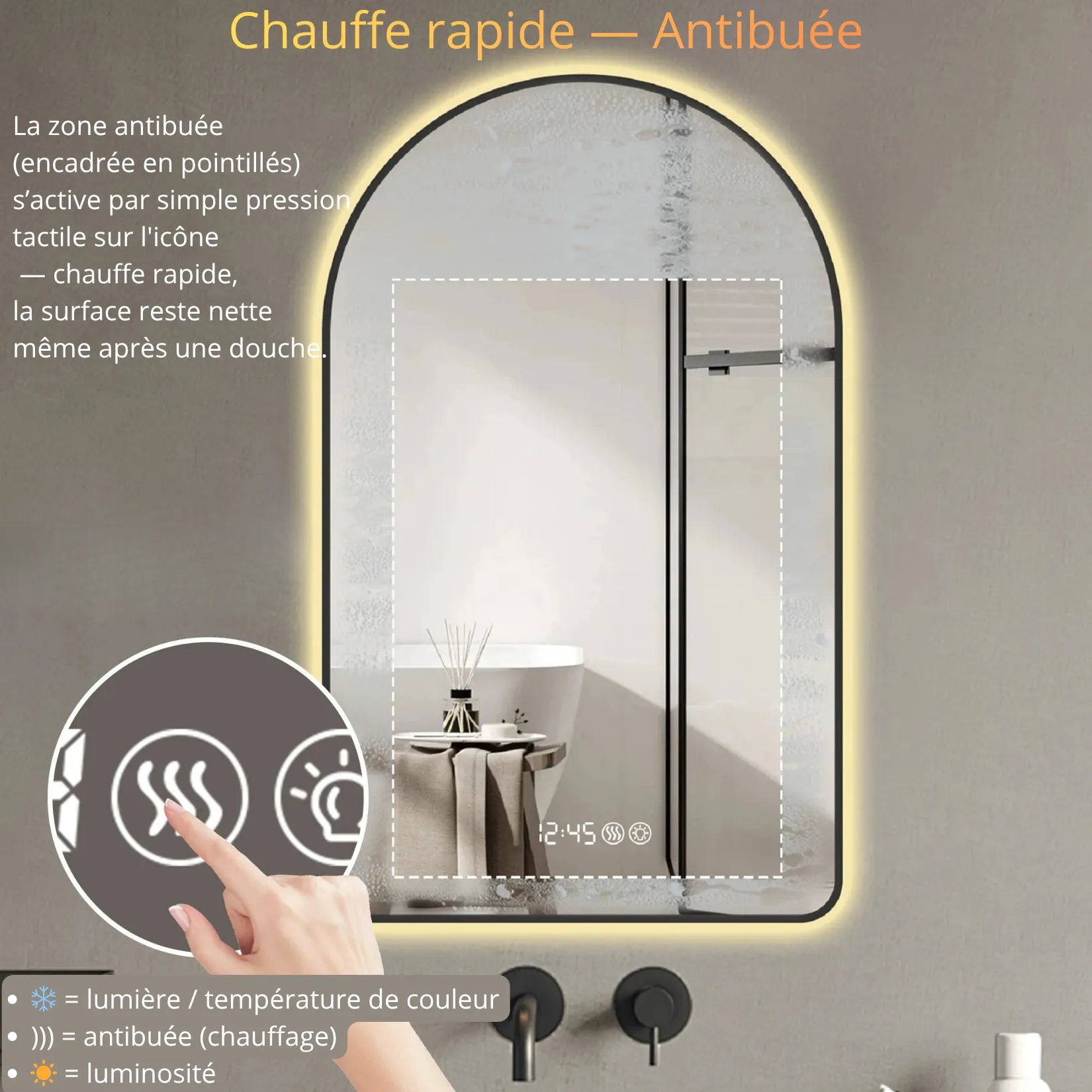 Miroir Salle de Bain Lumineux 120 cm antibuée activation tactile zone chauffante.