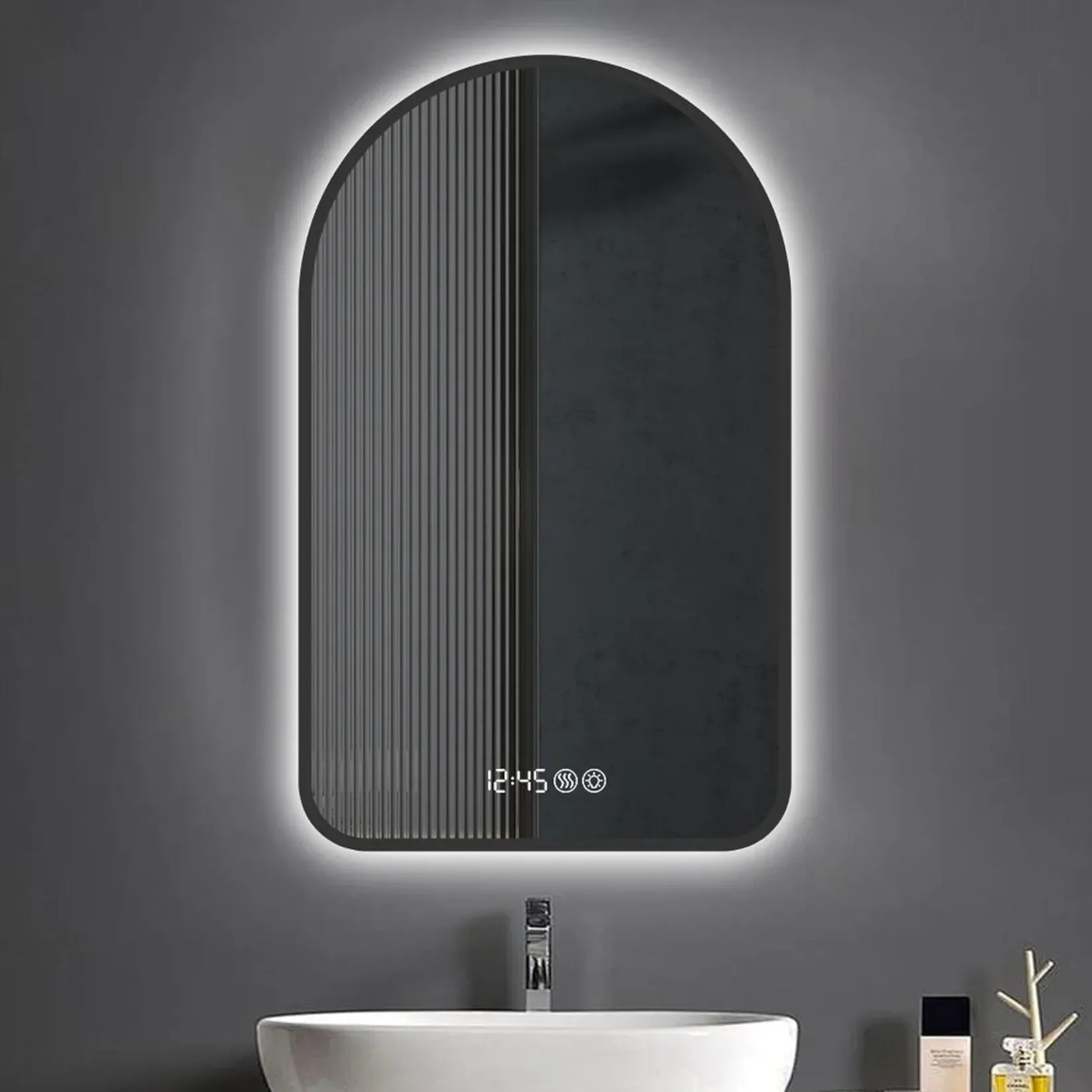 Miroir Salle de Bain Lumineux 120 cm arche noir rétroéclairage LED ambiance.