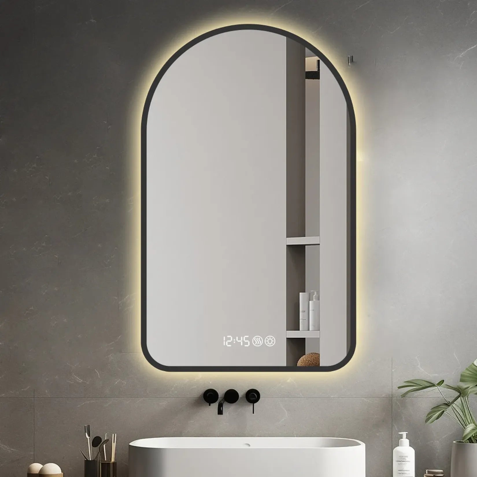 Miroir Salle de Bain Lumineux 120 cm arche noir salle de bain moderne.