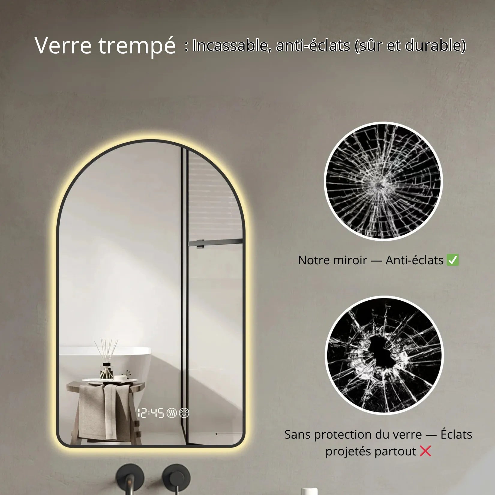 Miroir Salle de Bain Lumineux 120 cm en Arche verre trempé anti-éclats.
