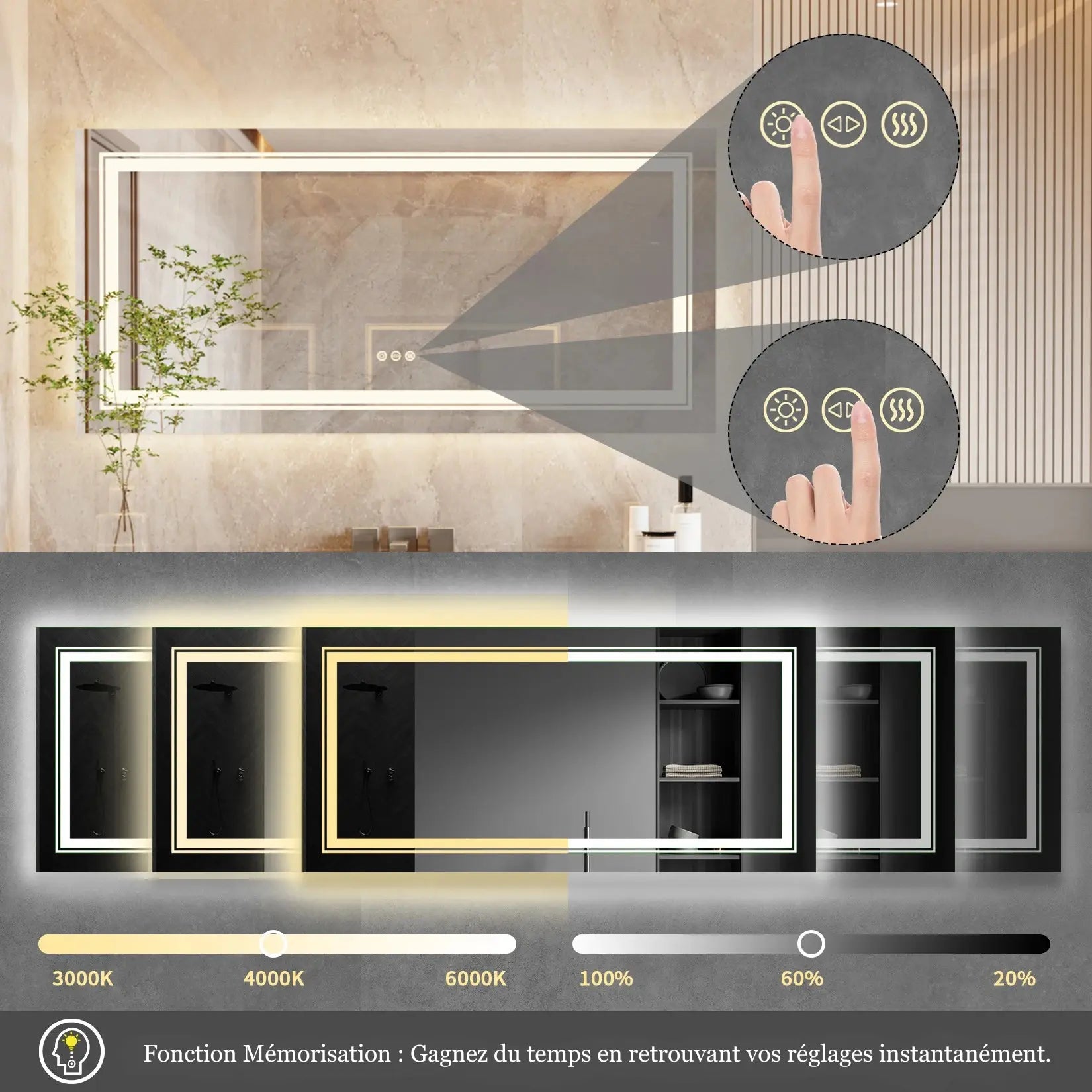 Commande tactile intuitive du miroir salle de bain lumineux 140 cm avec mémoire de réglage.