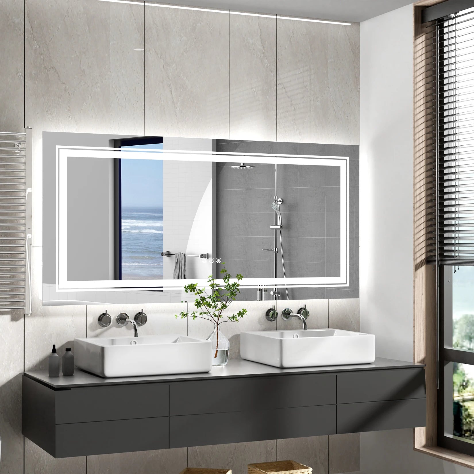 Miroir salle de bain lumineux 140 cm au-dessus d’un meuble double vasque gris dans salle de bain carrelée.