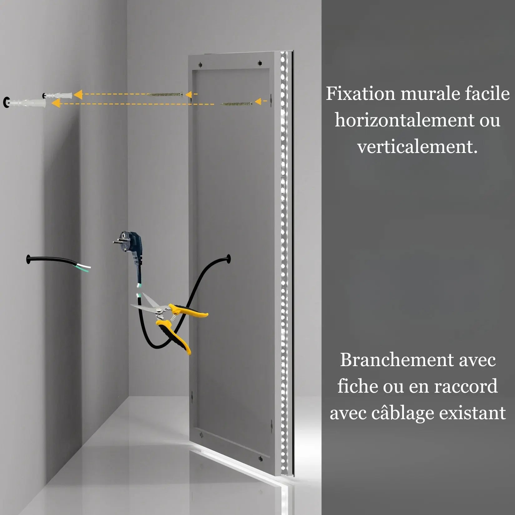 Fixation facile du miroir salle de bain lumineux 140 cm avec branchement électrique.