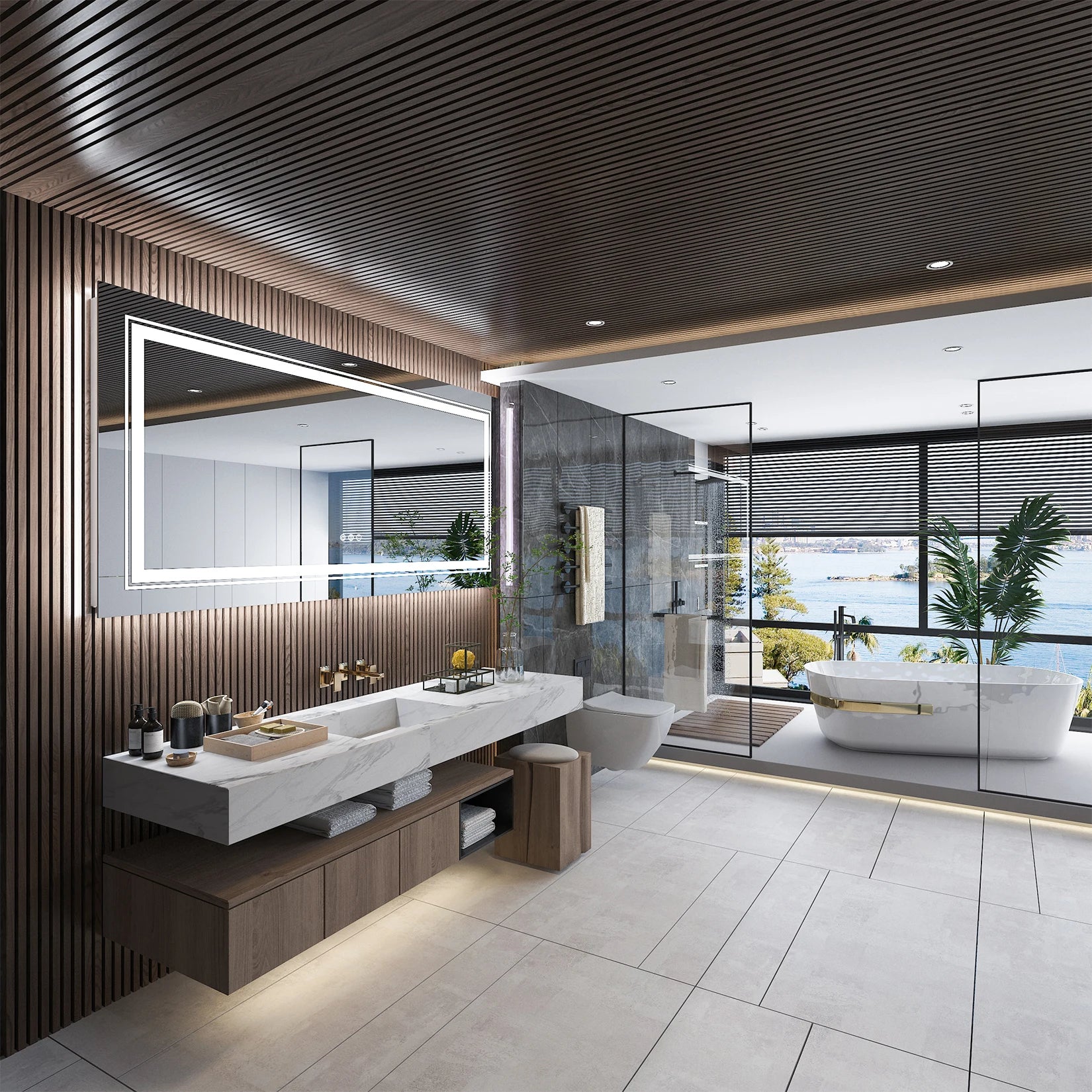 Miroir salle de bain lumineux 140 cm installé dans une salle de bain moderne avec bois foncé et vue mer.