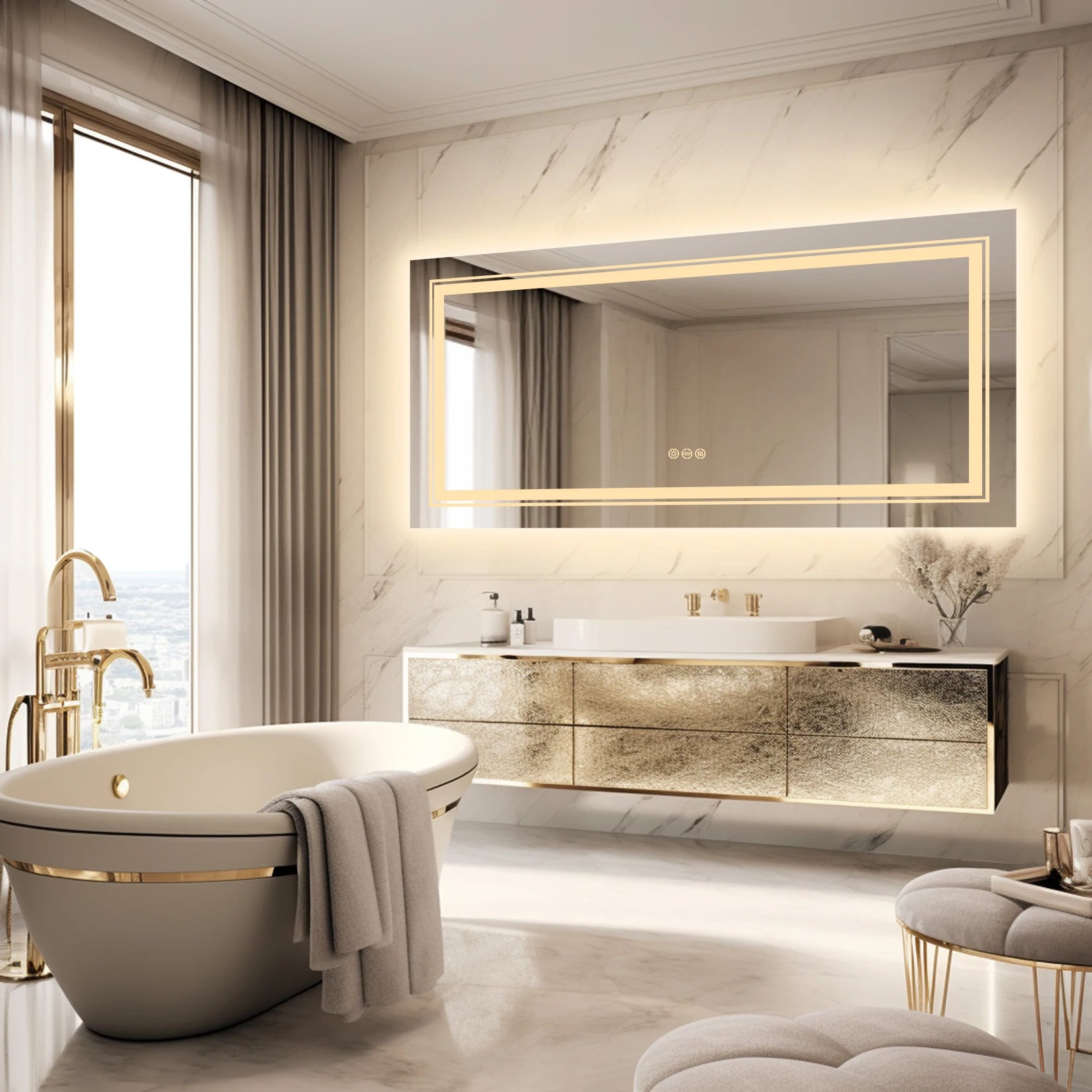 Miroir salle de bain lumineux 140 cm dans salle de bain contemporaine avec robinetterie dorée.