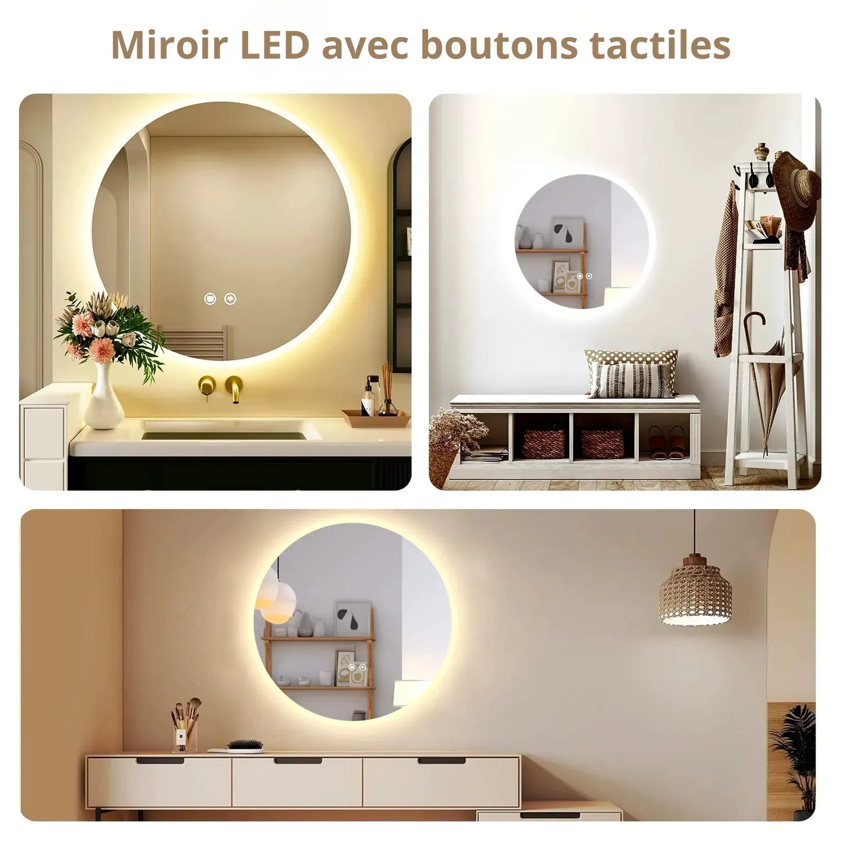 Miroir Salle de Bain Lumineux Anti-Buée LED installé en salle de bain entrée et chambre.