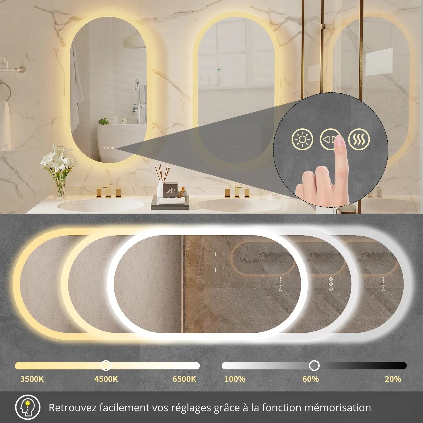 Vue d’ensemble du miroir salle de bain lumineux avec rétroéclairage LED et commandes tactiles intégrées.