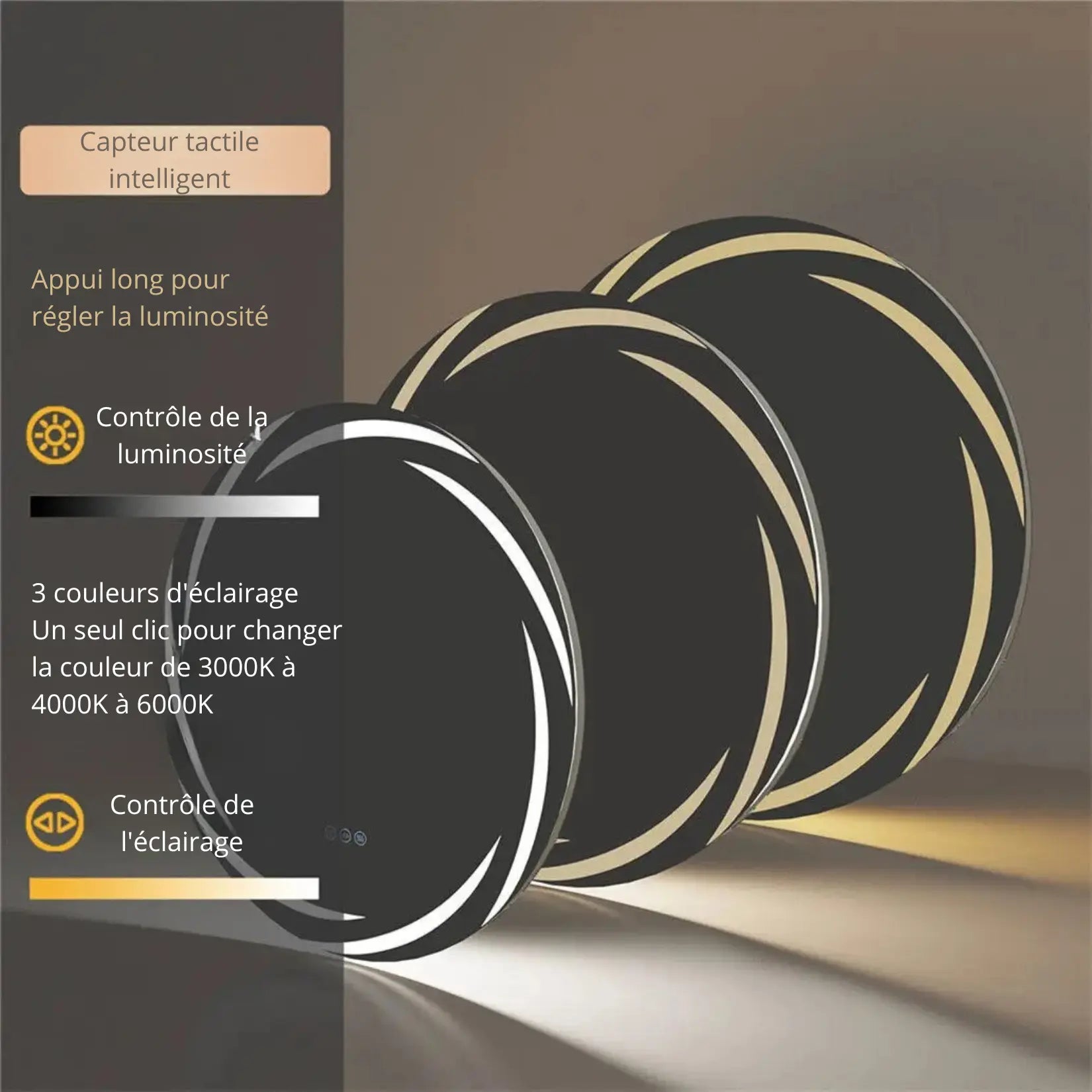 Miroir salle de bain lumineux rond avec 3 températures d’éclairage LED.