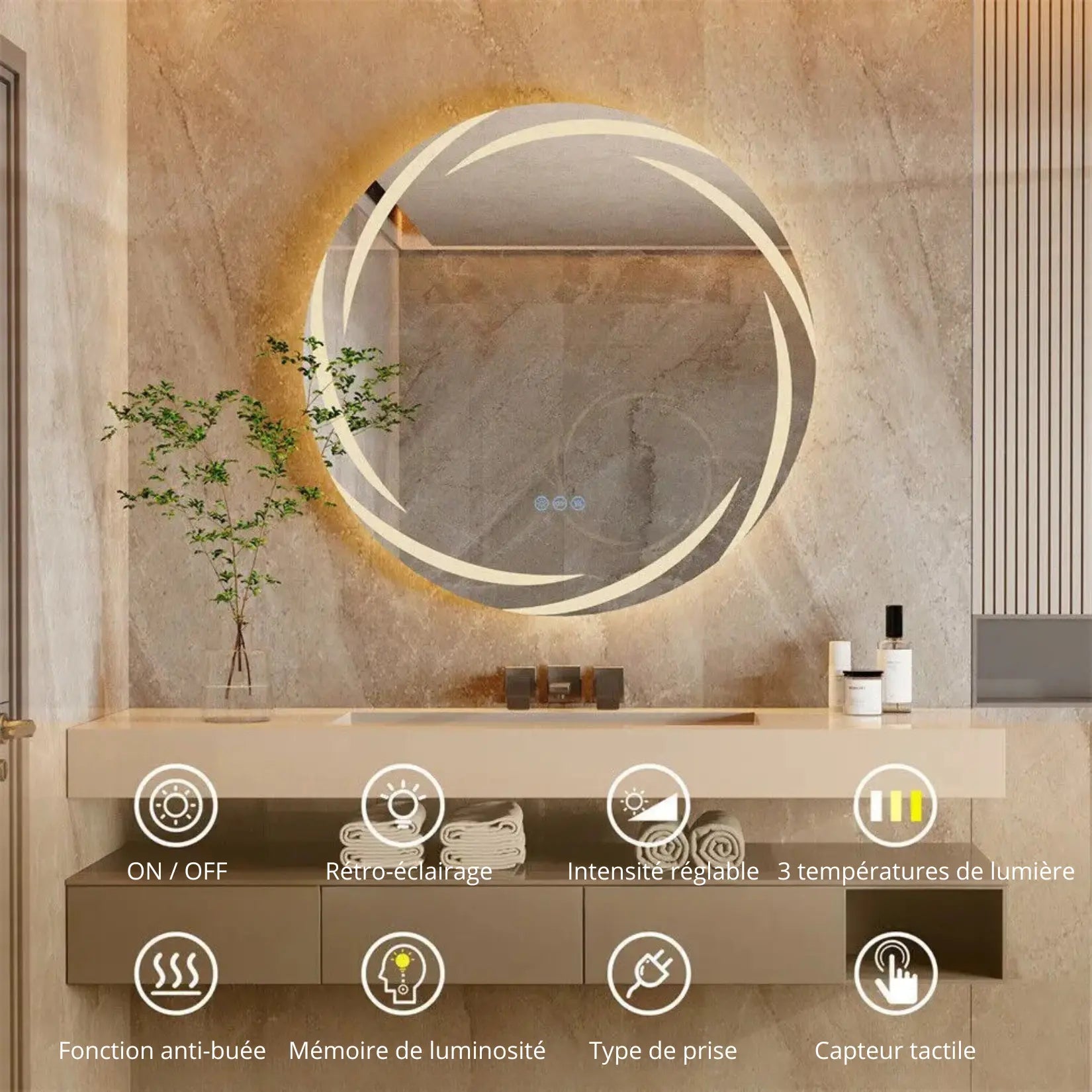 Miroir salle de bain lumineux rond allumé sur mur beige moderne.