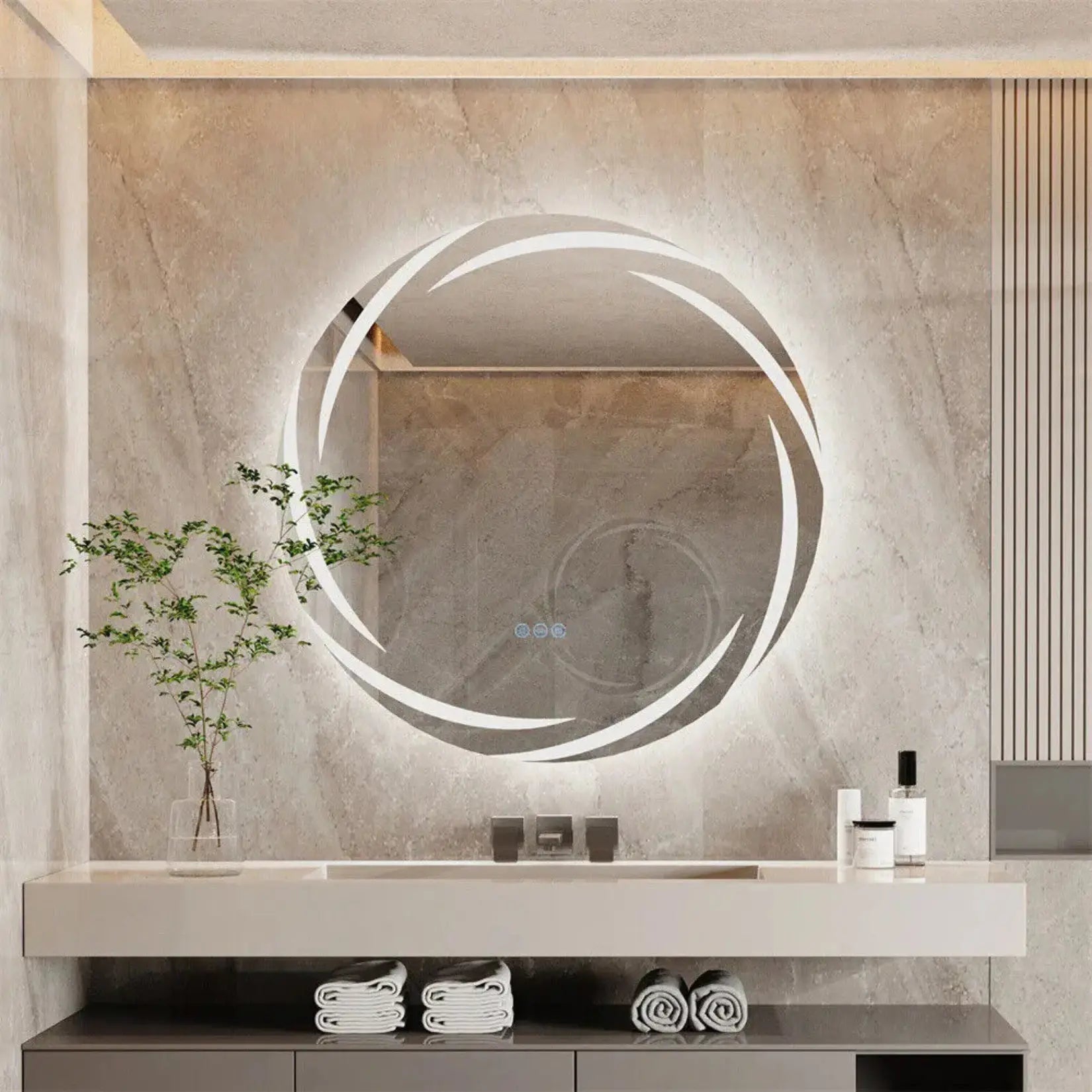 Miroir salle de bain lumineux rond avec éclairage blanc mural.
