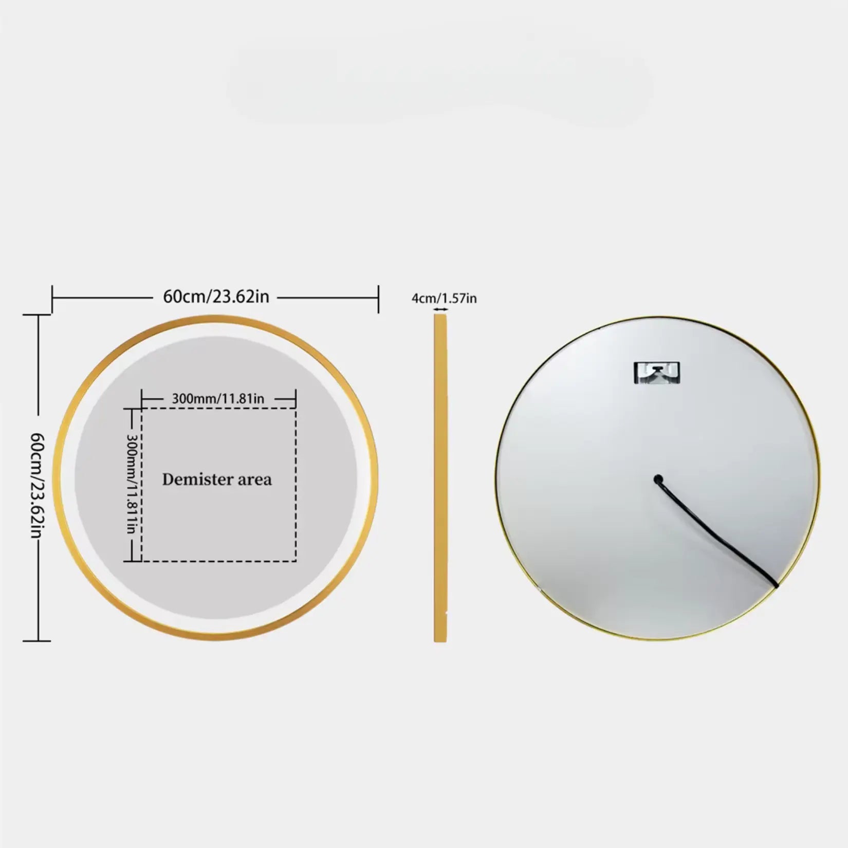 Miroir Salle de Bain Or Brossé 60 cm - Dimensions et Schéma Technique.