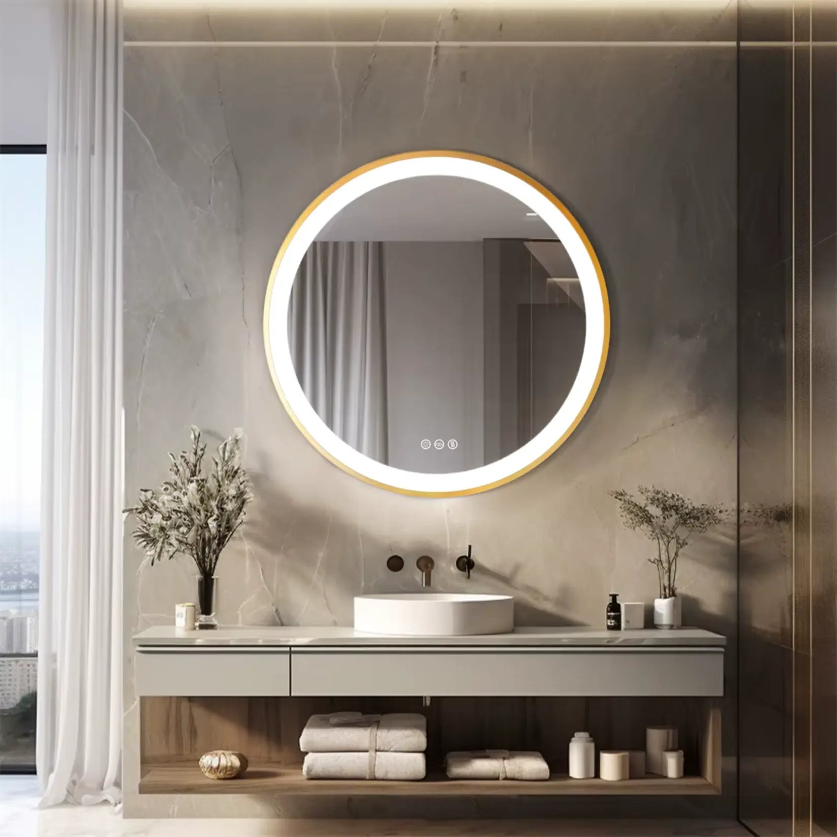 Miroir Salle de Bain Or Brossé LED Rond Mural Design.