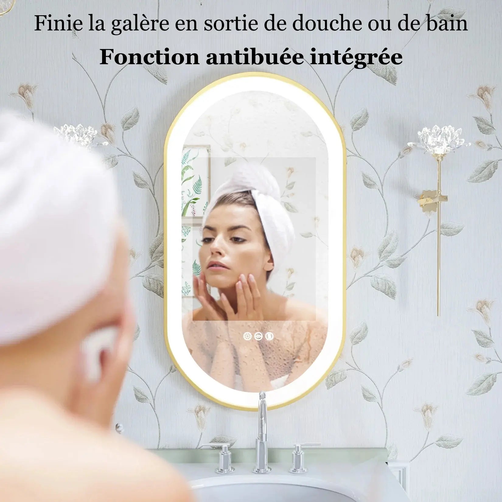 Miroir salle de bain ovale avec fonction antibuée intégrée.