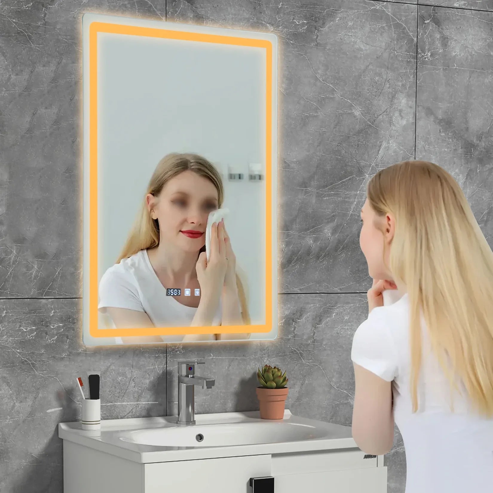 Miroir salle de bain rectangulaire LED lumière chaude – usage maquillage.