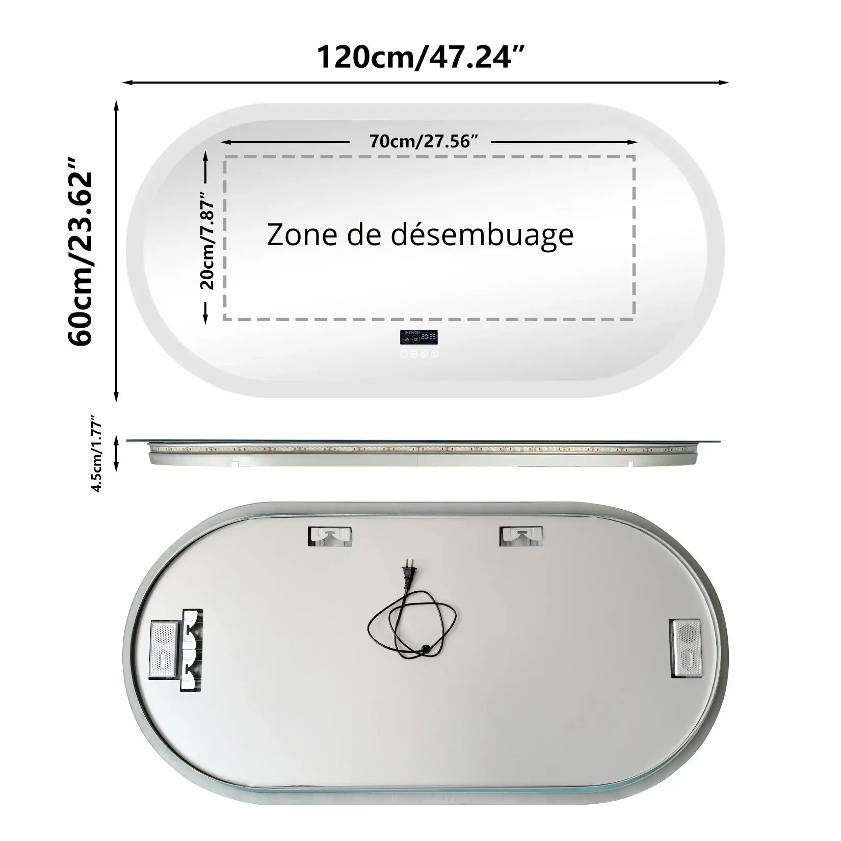 Miroir salle de bain rétroéclairé 120x60 cm avec vue technique et fixations.