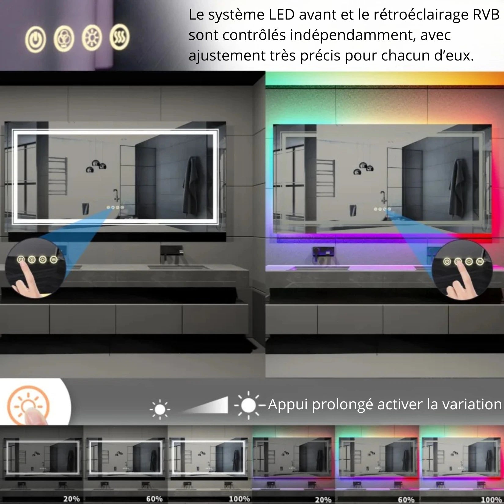 Commandes tactiles du miroir salle de bain rétroéclairé pour lumière LED et RGB indépendantes.