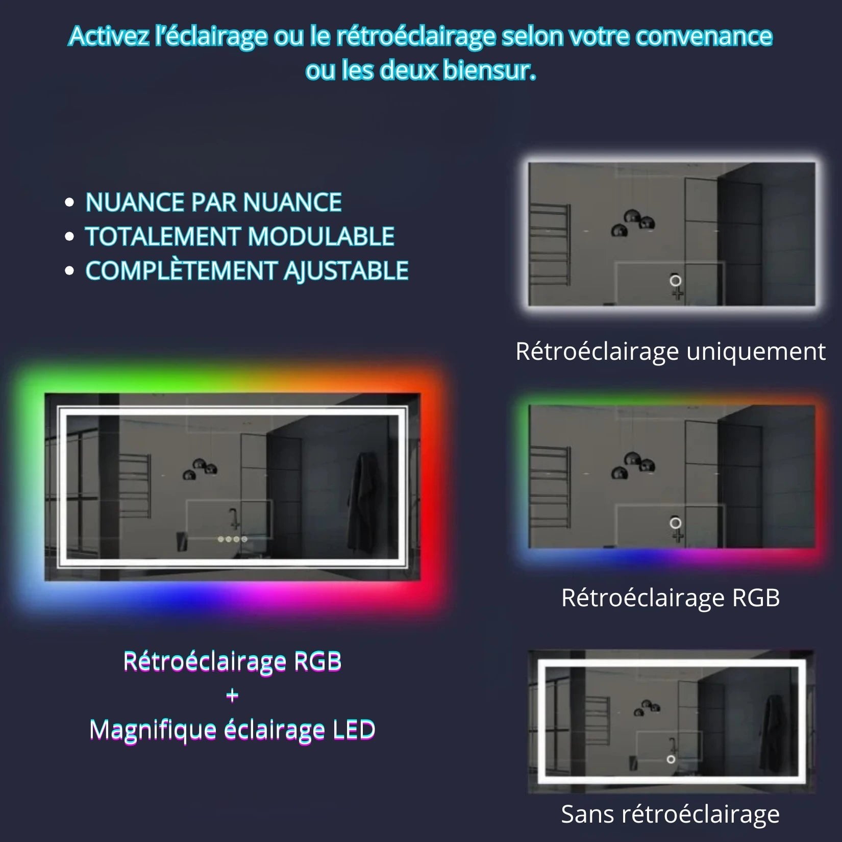 Rétroéclairage du miroir salle de bain rétroéclairé avec variation lumineuse personnalisable.