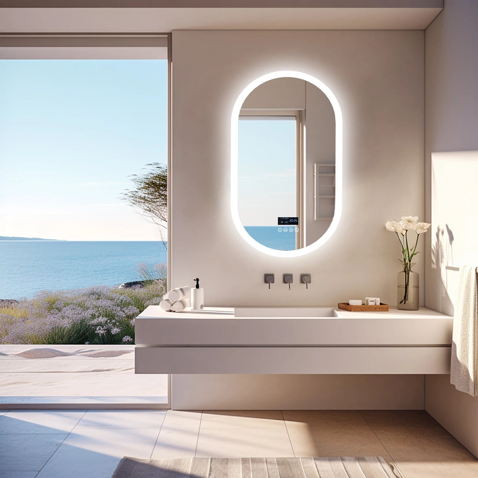 Miroir salle de bain rétroéclairé avec vue sur mer et lumière naturelle adoucie.