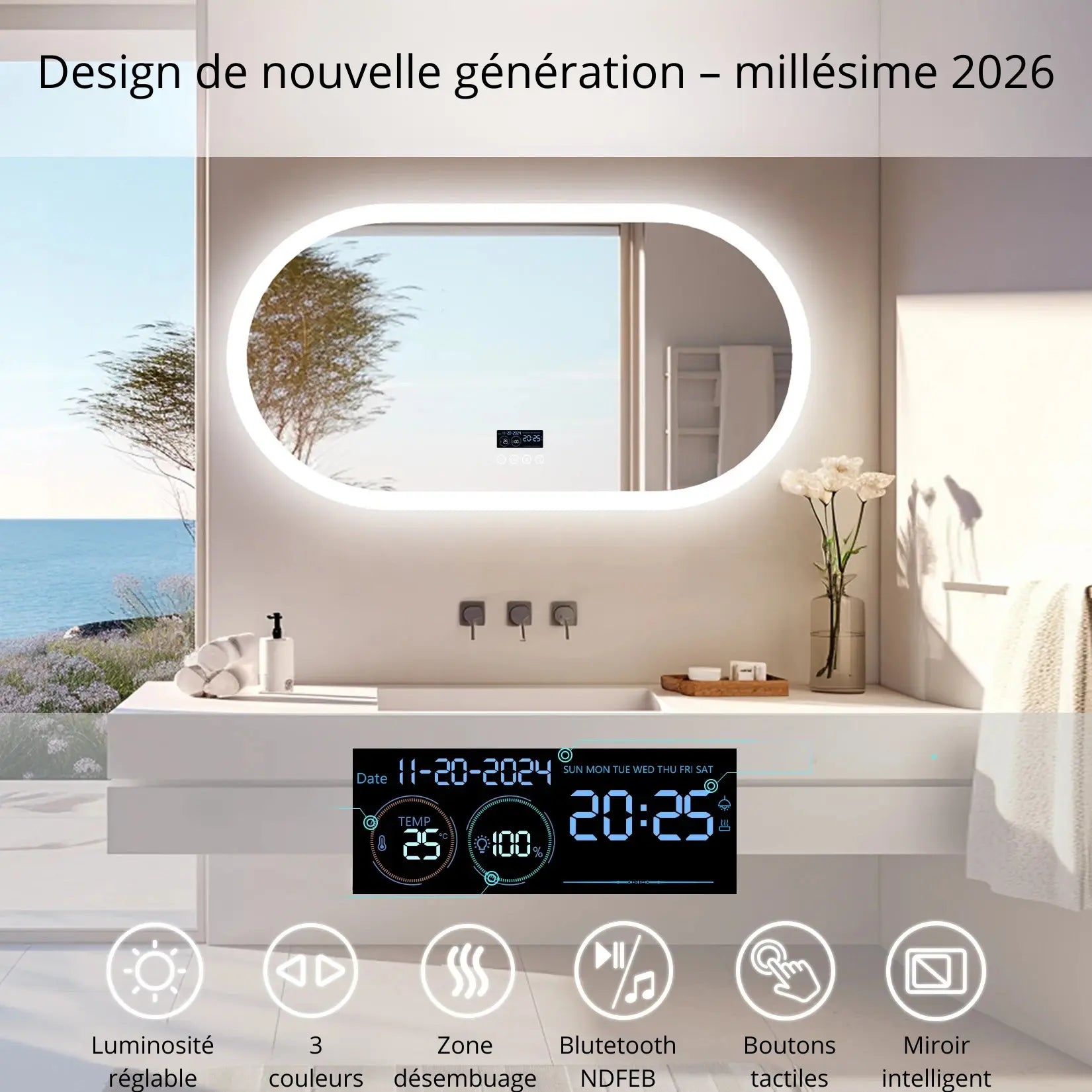 Miroir salle de bain rétroéclairé millésime 2026 avec écran numérique multifonction.
