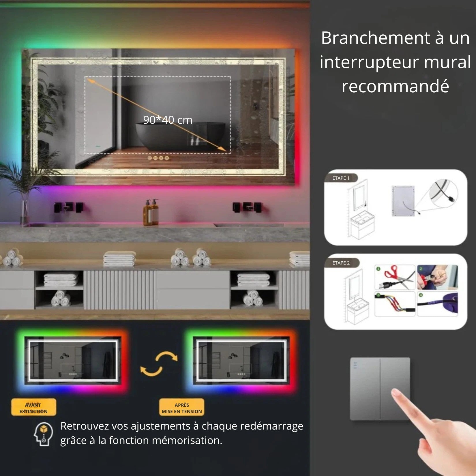 Miroir Salle de Bain Rétroéclairé connecté à interrupteur mural avec fonction mémoire active.