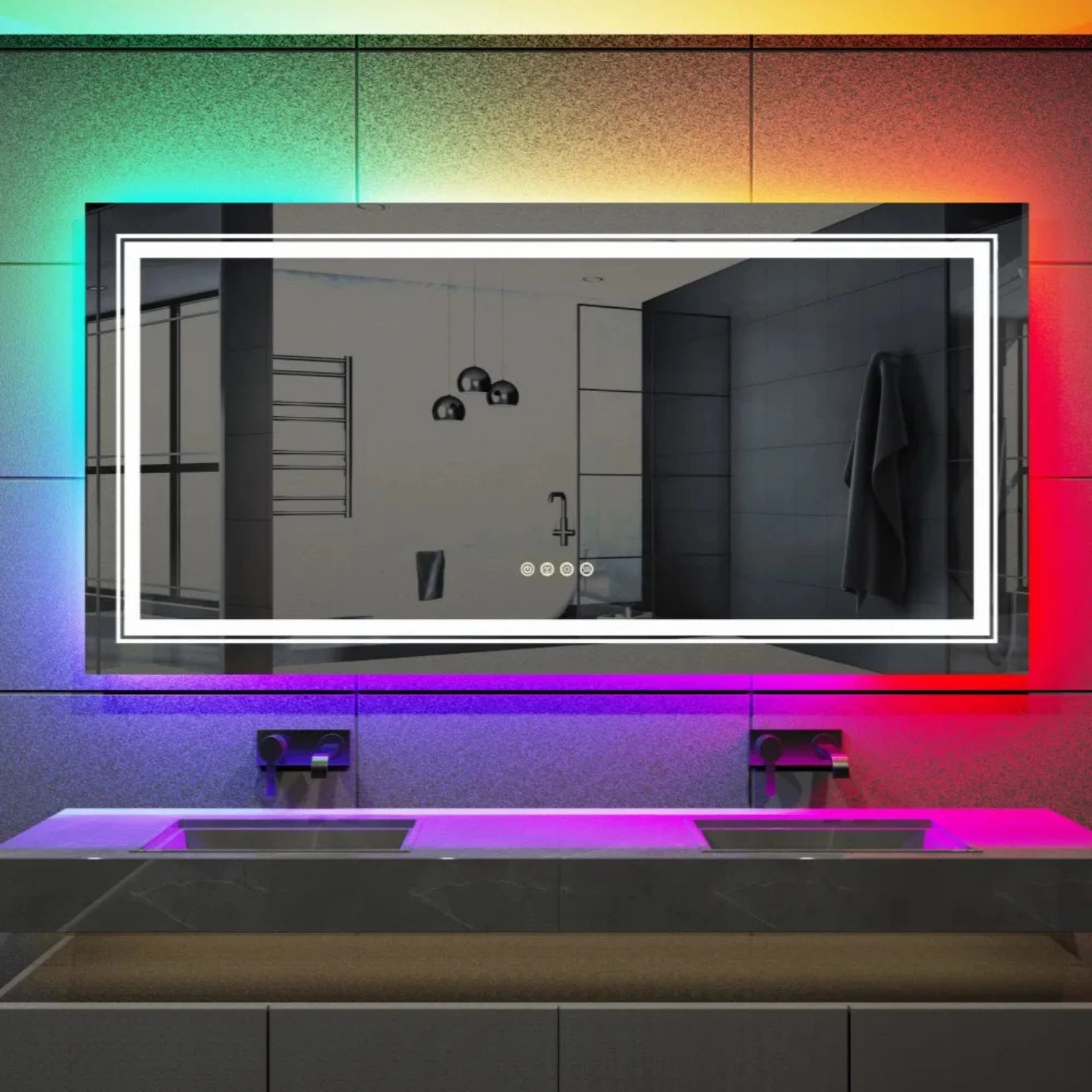 Miroir salle de bain rétroéclairé mural avec LED RGB intégrées, posé au-dessus d’un double lavabo contemporain.