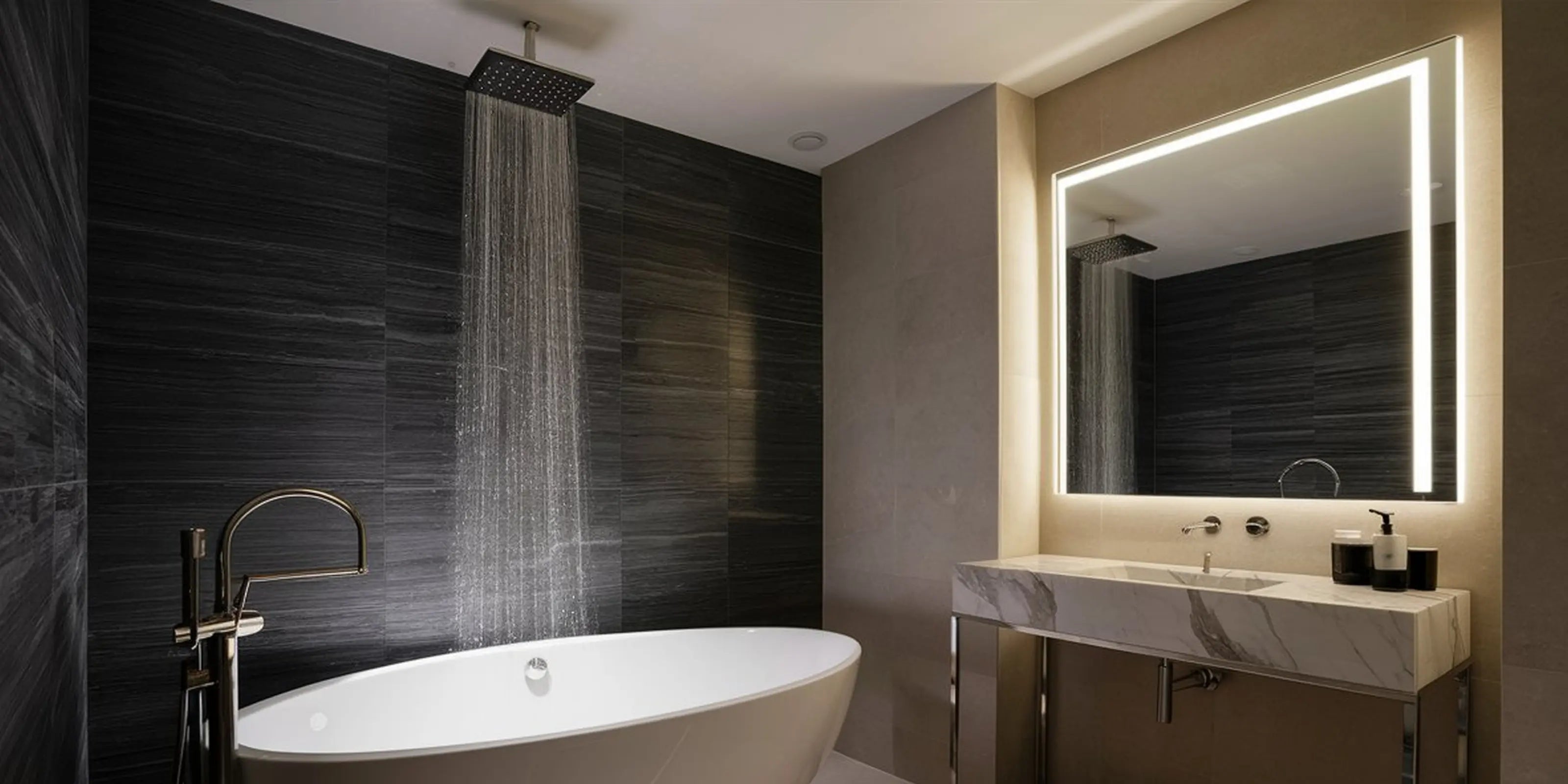 Miroir lumineux rectangulaire au-dessus d’un lavabo dans une salle de bain en marbre gris.