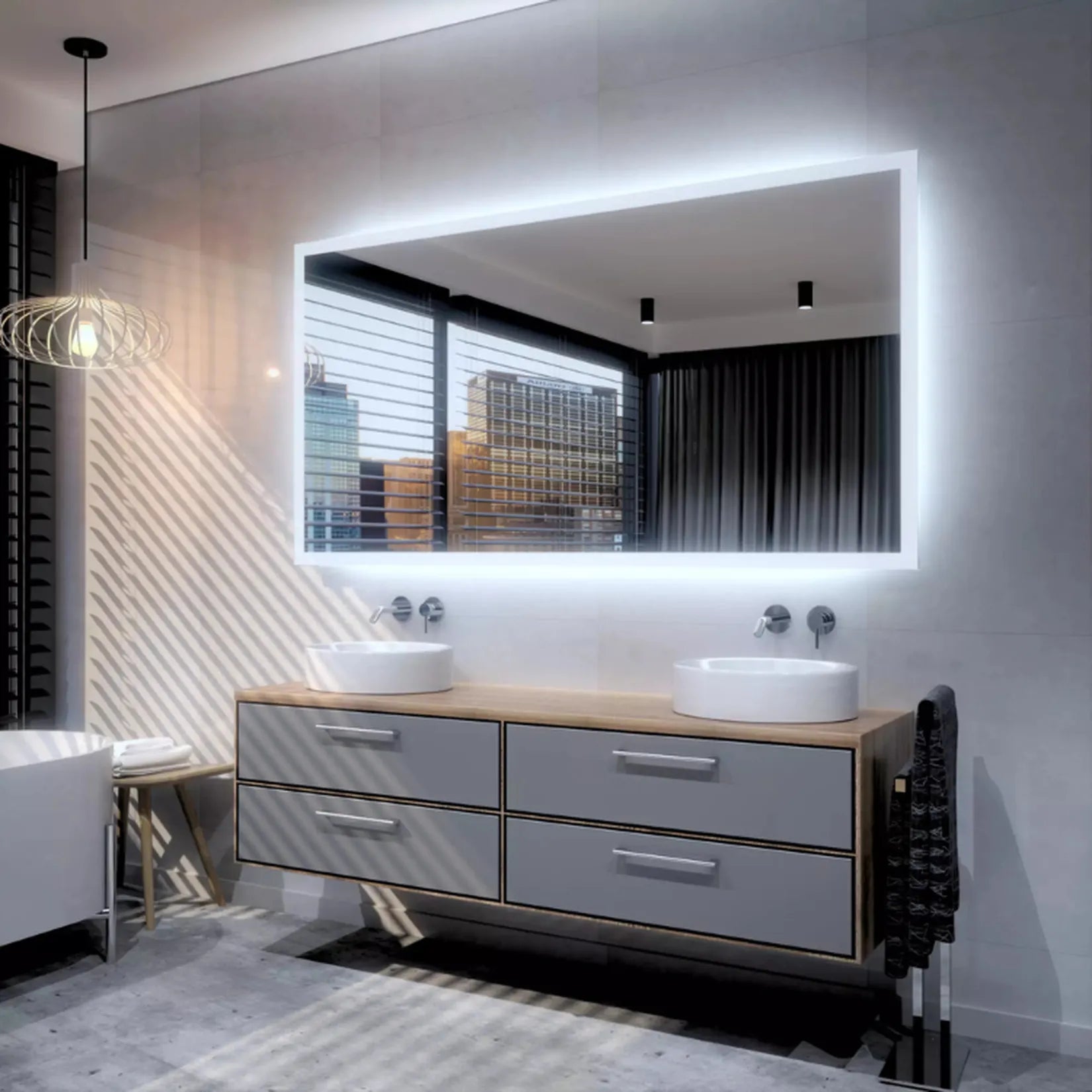 Miroir salle de bain sur mesure LED au-dessus d'une double vasque, éclairage blanc froid et halo mural.