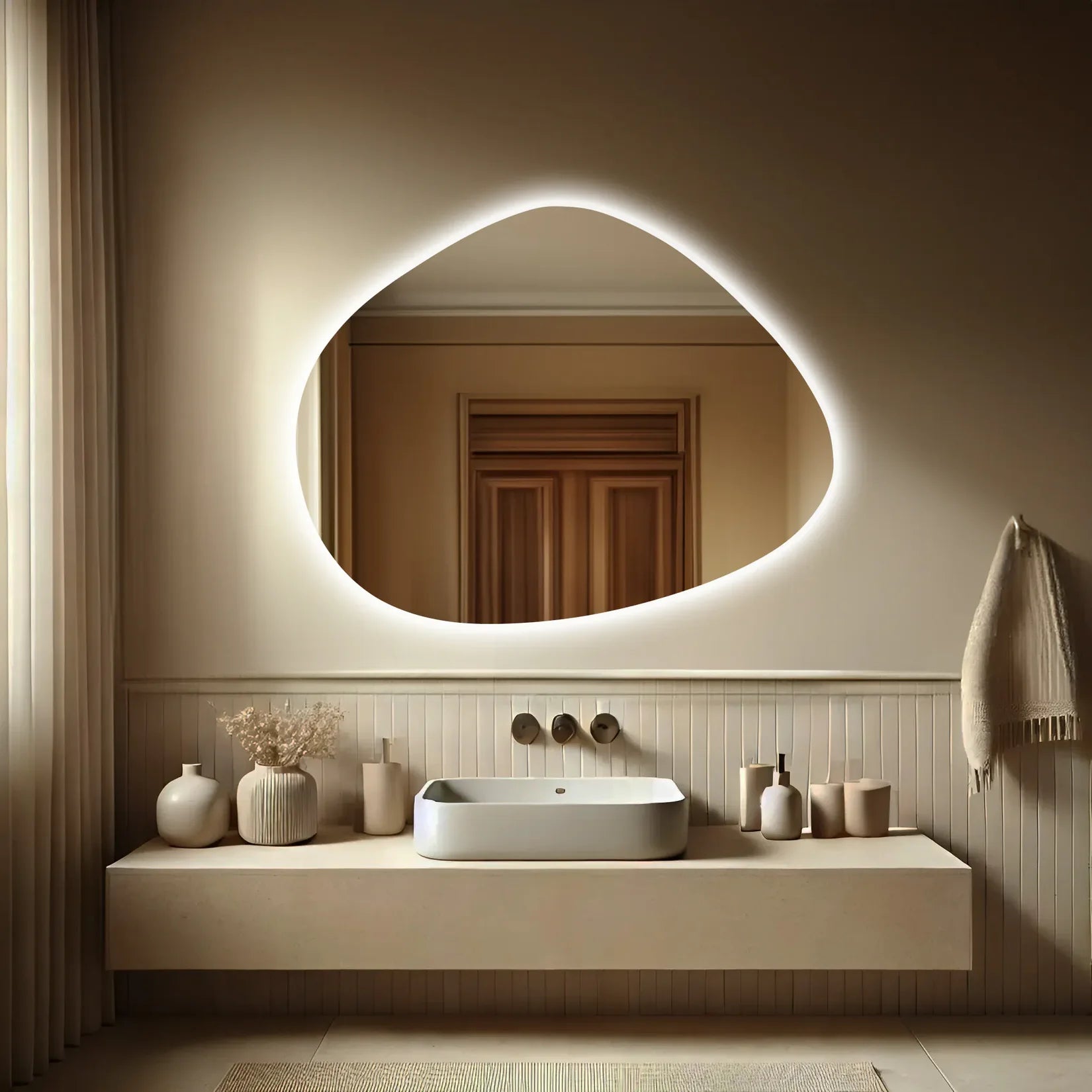 Miroir salle de bains 120 cm LED forme organique avec éclairage chaud.
