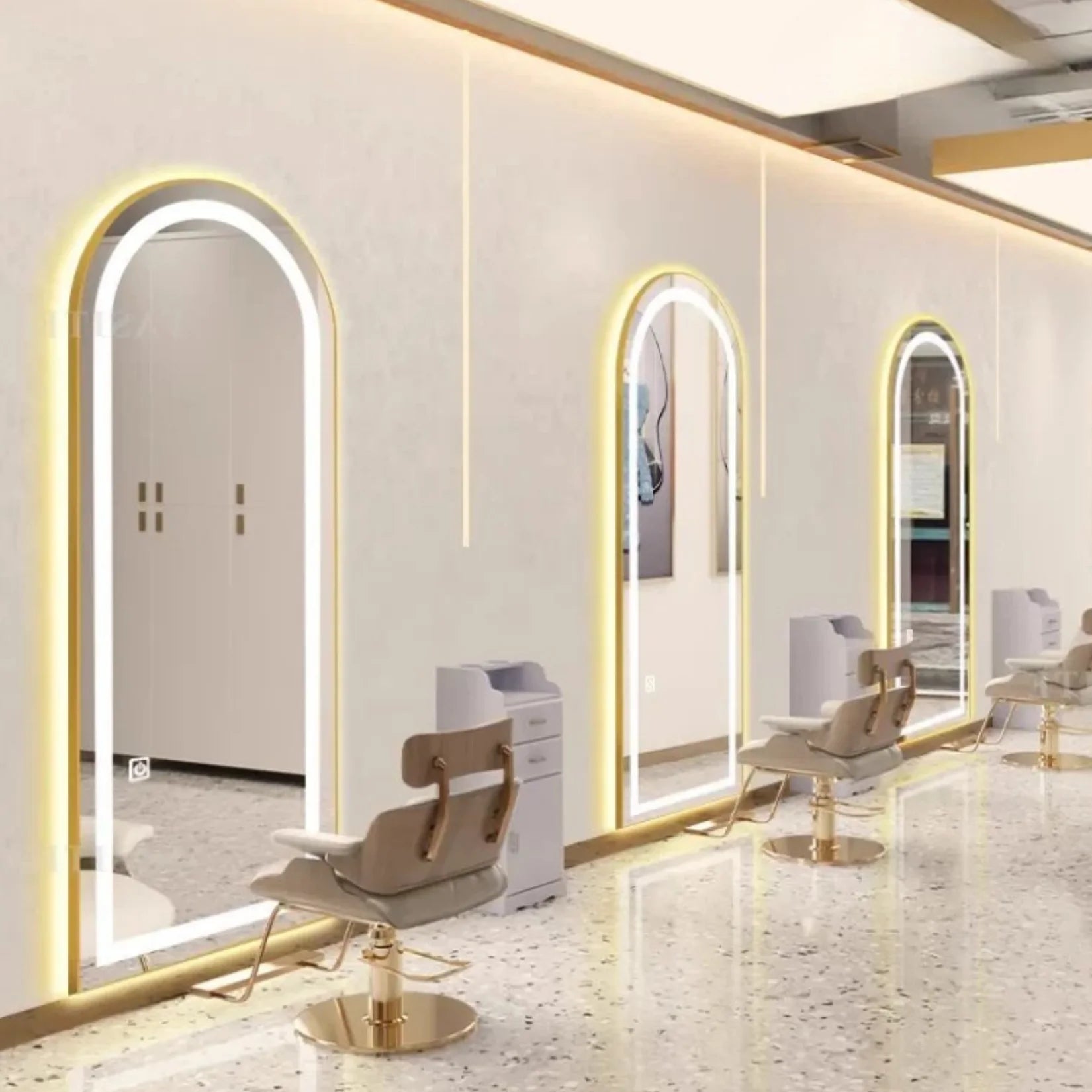 Miroir salon de coiffure mural LED design arche.