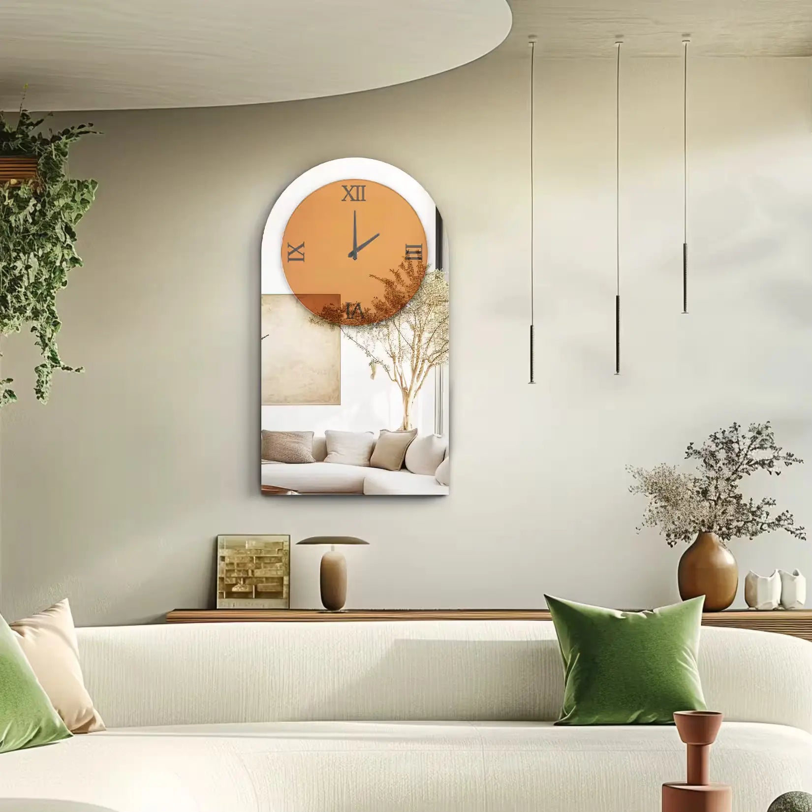 Miroir salon design avec horloge suspendu au-dessus d’un canapé beige.