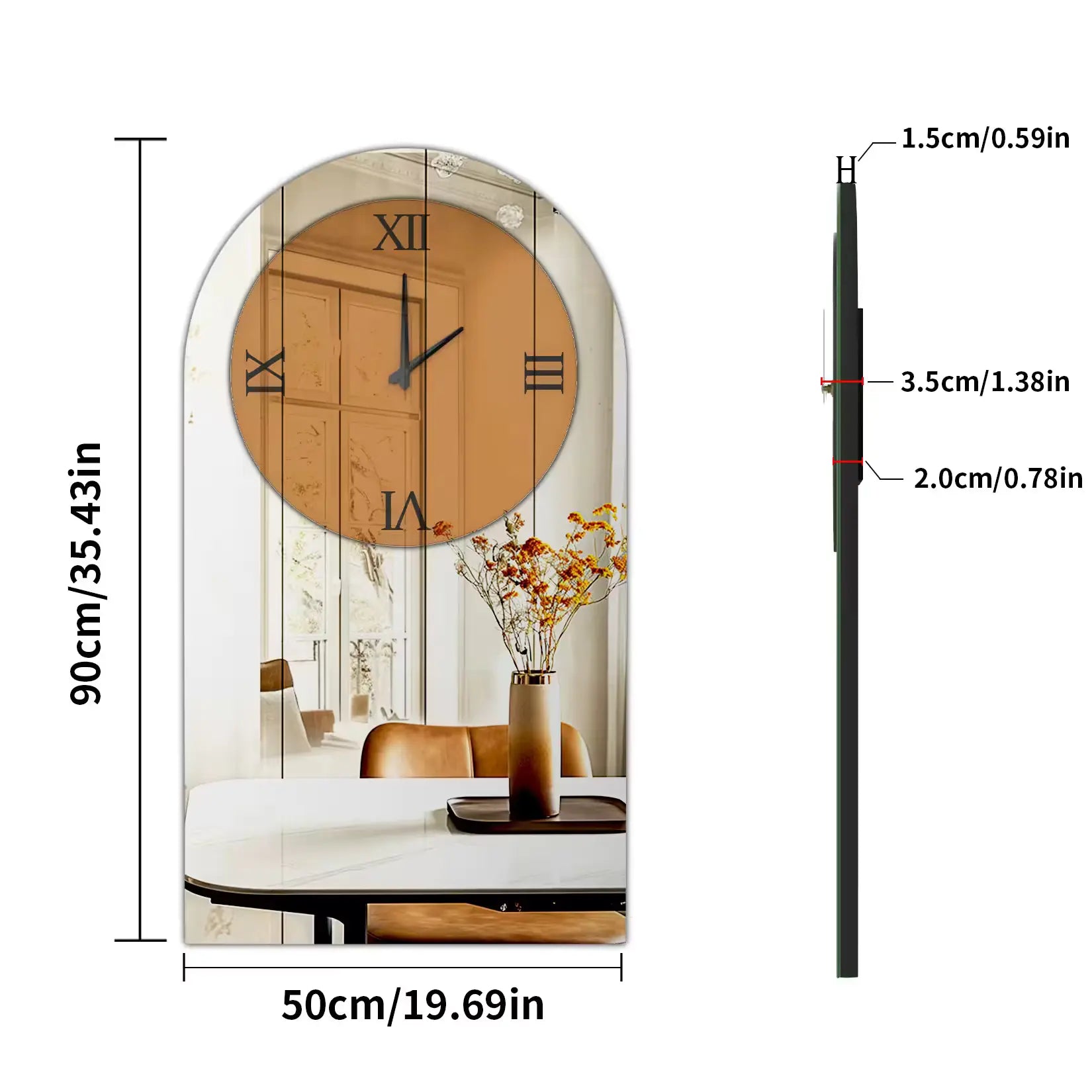 Dimensions et vue de profil du miroir salon design avec horloge intégrée.