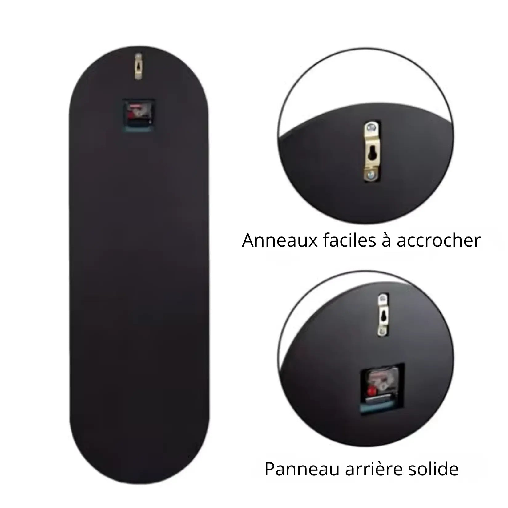 Vue arrière du miroir salon design avec panneau MDF et anneaux de fixation.