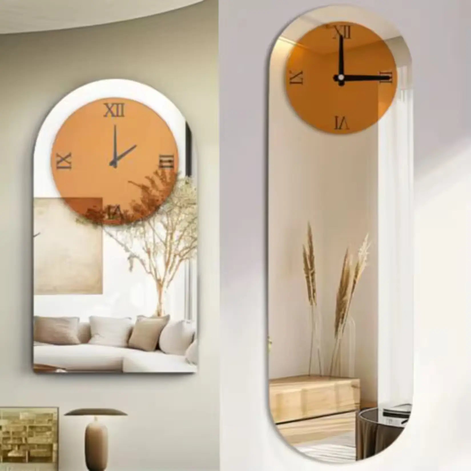 Deux miroirs salon design avec horloge murale dans une décoration contemporaine.