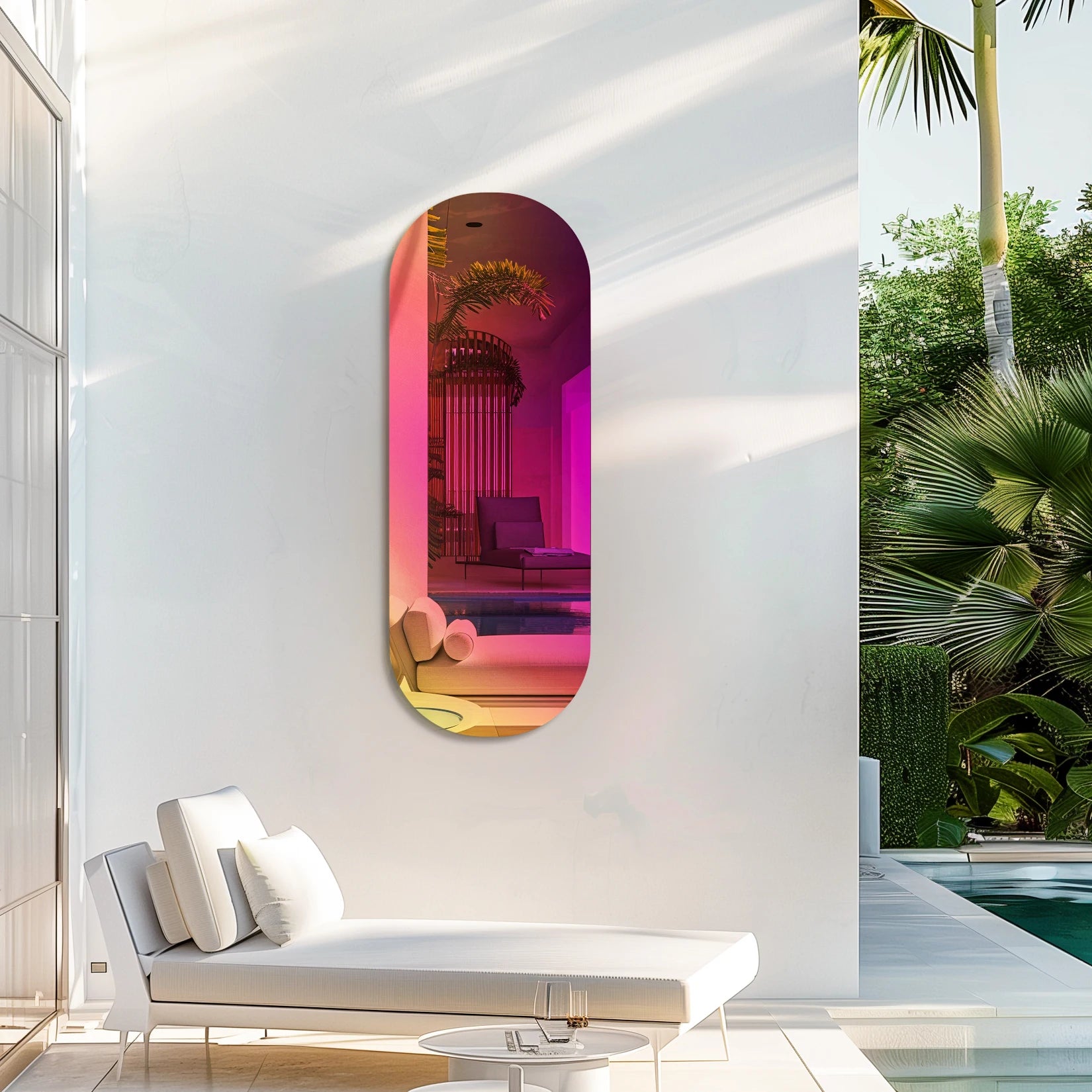 Miroir mural arc-en-ciel installé sur un mur blanc près d’une piscine contemporaine.
