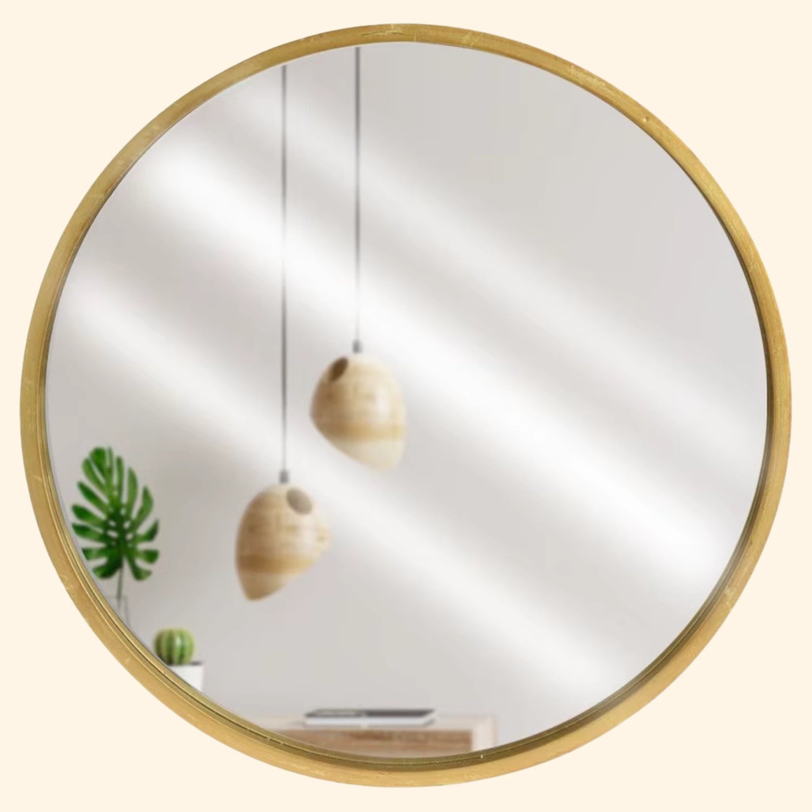Reflet de suspensions et d’une plante dans un miroir scandinave mural en bois doré.