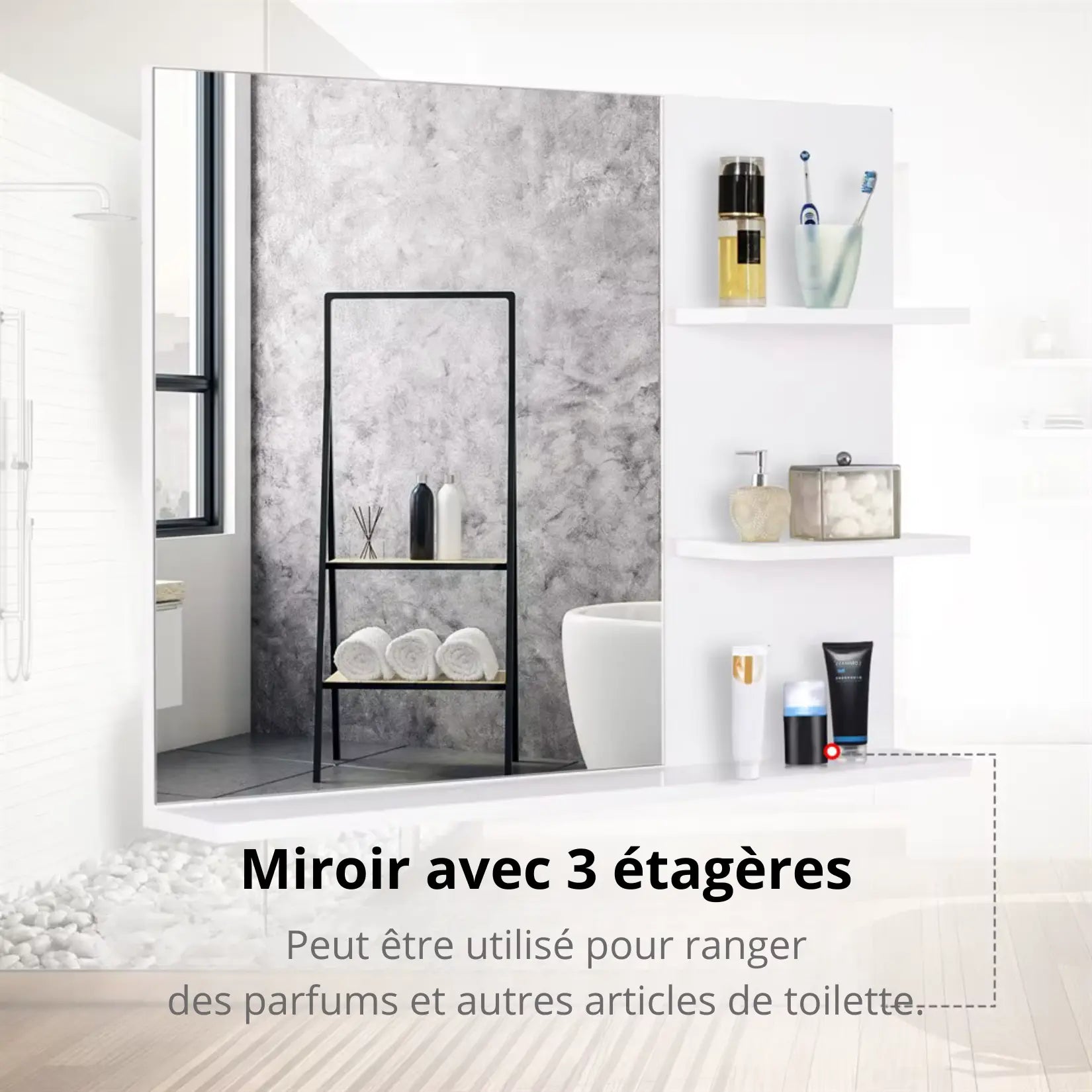 Miroir simple salle de bain avec 3 étagères latérales pour parfums, brosses à dents et articles de toilette.