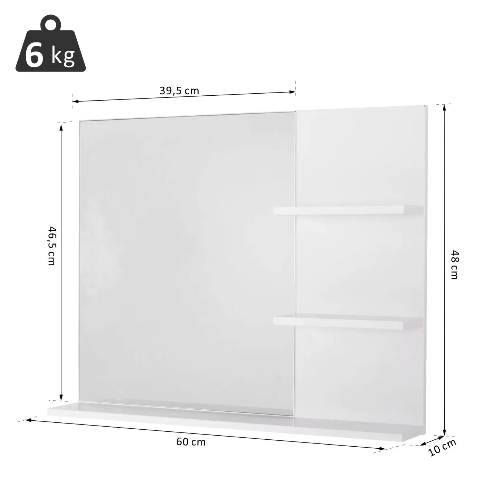 Dimensions détaillées du miroir simple salle de bain 50x60 avec largeur, hauteur et poids de 6 kg.