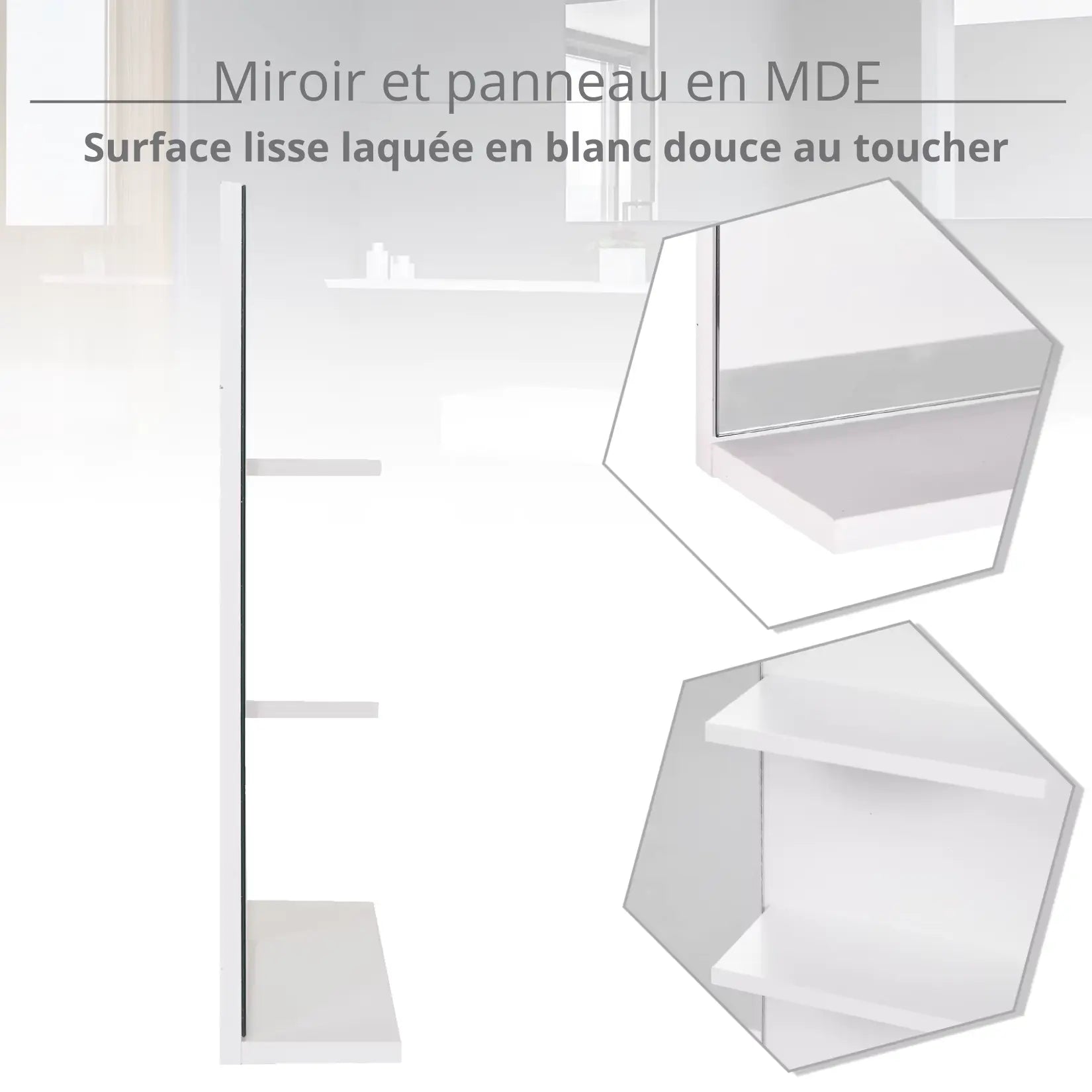 Détails du panneau MDF laqué blanc et des étagères intégrées du miroir simple salle de bain 50x60.