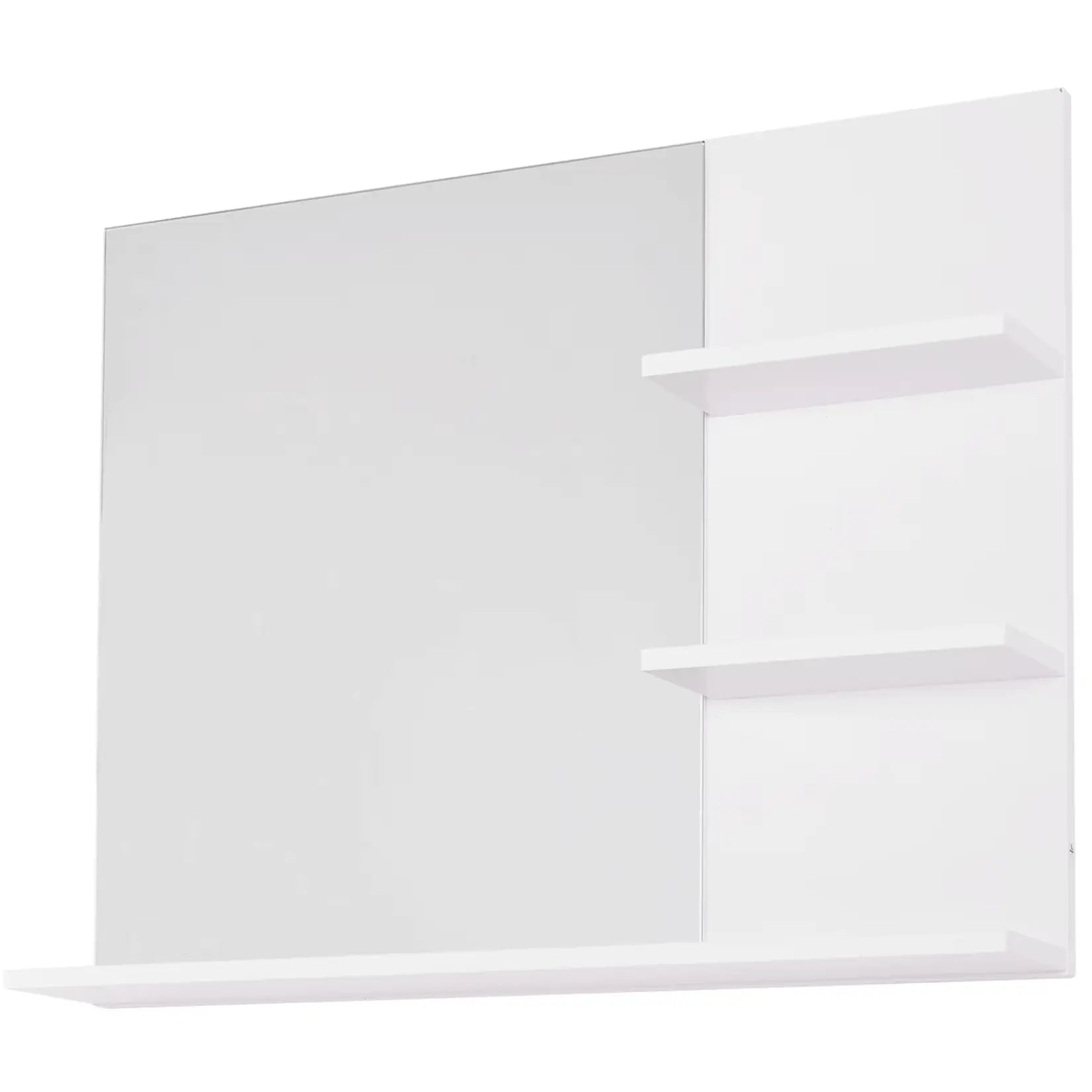 Vue latérale du miroir simple salle de bain avec 3 étagères pratiques et design compact.