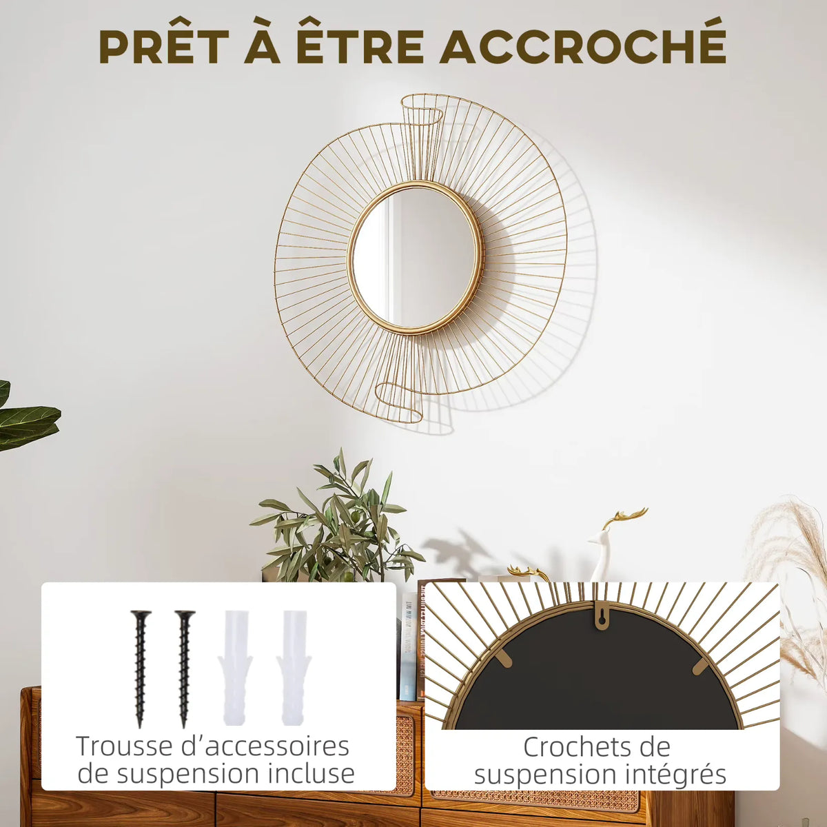 Sonnenspiegel in Gold, fertig zum Aufhängen, mit integrierten Haken, Schrauben und Dübeln.