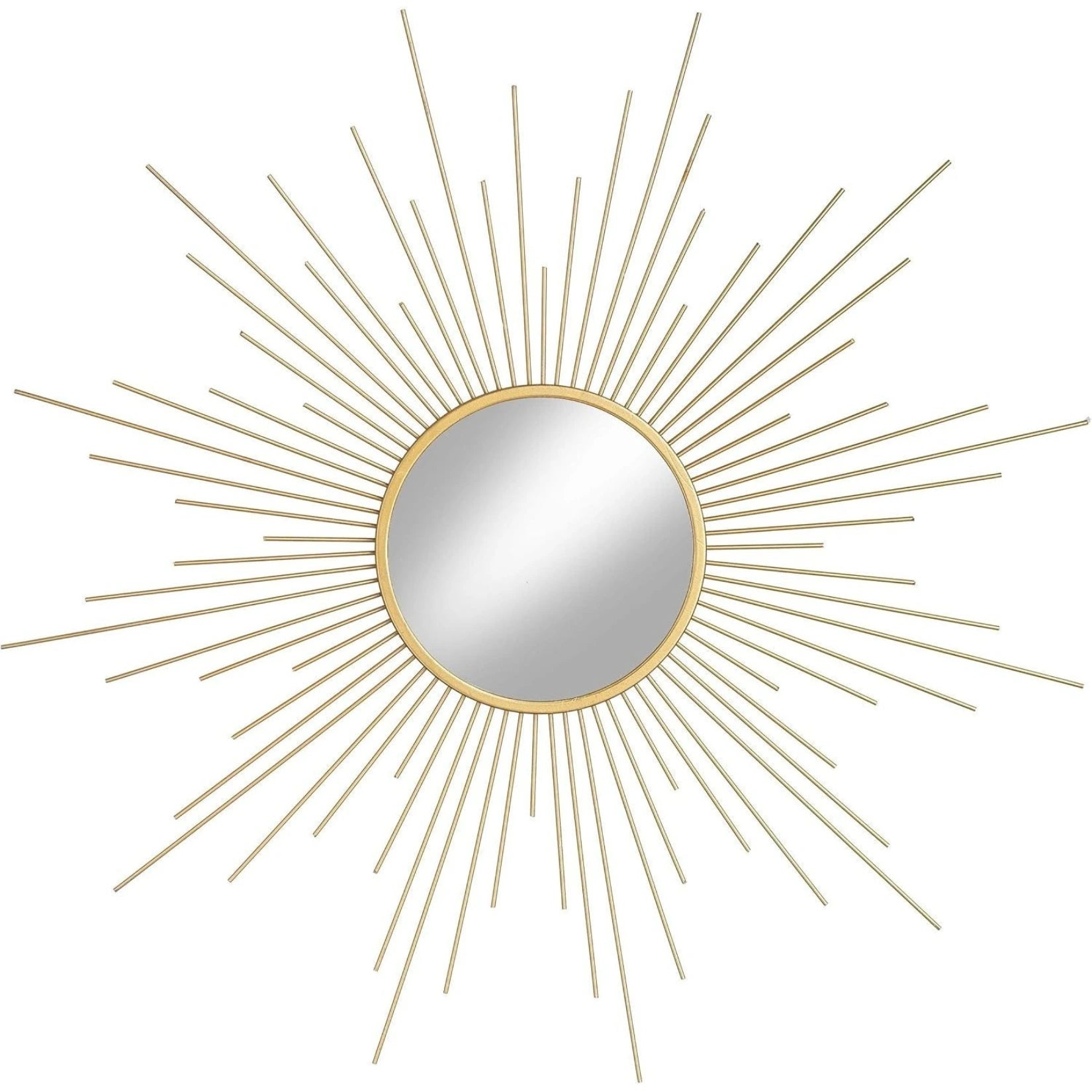 Miroir soleil doré rond avec structure rayonnante en métal – décoration murale moderne.